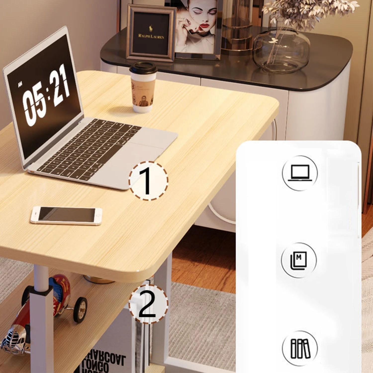 9 Foret Mobile Computer Study Bedside Desk Storage Stand Adjustable Portable 3 Shelf Black, 9 of 10