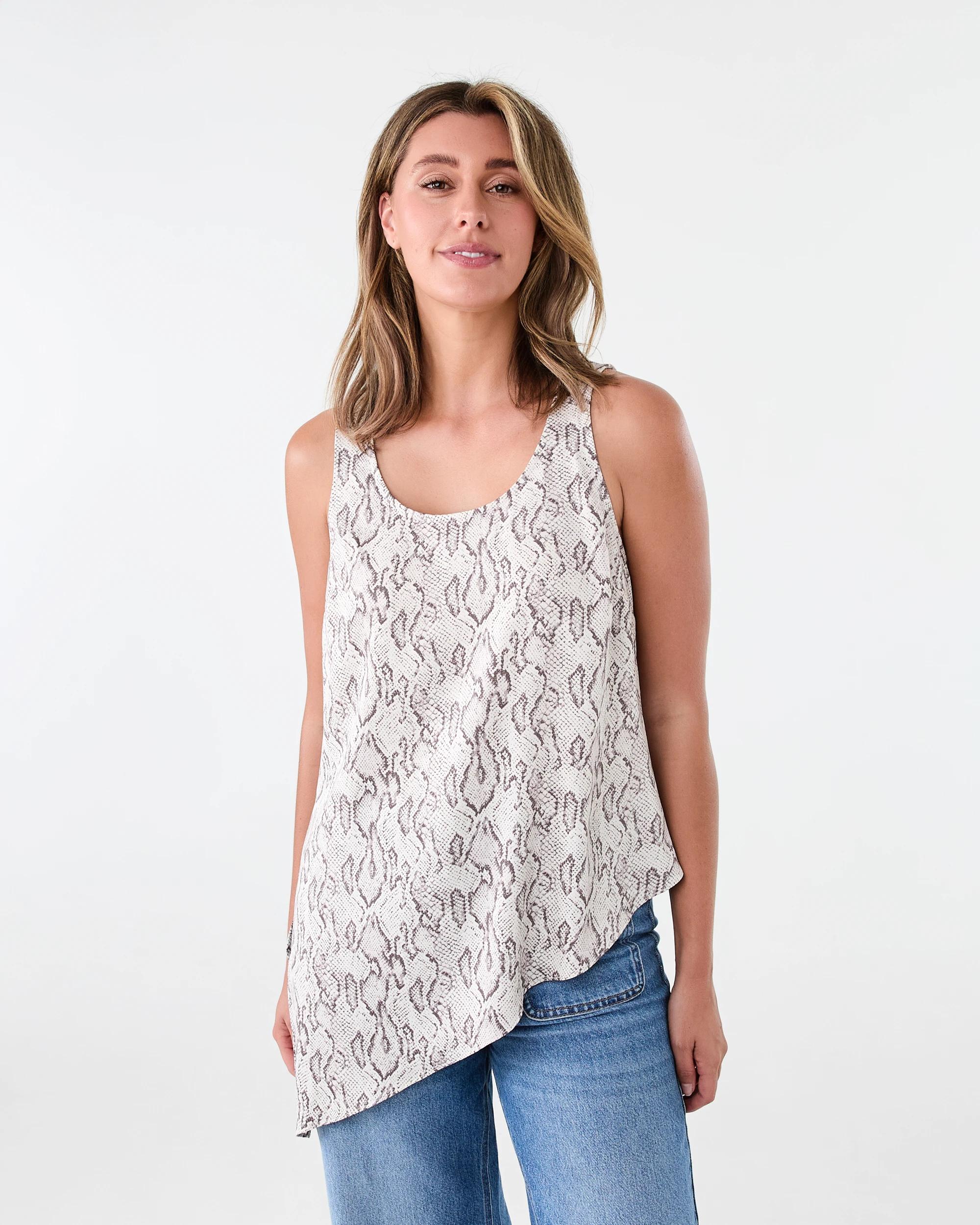 1 Sleeveless Asymmetrical Satin Scoop Tank Soft Snake, 1 of 6