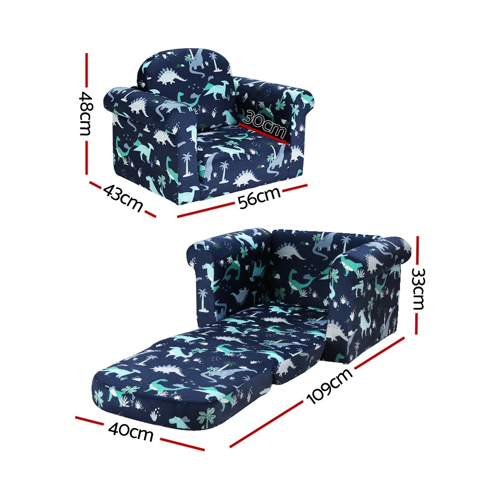 2 Keezi Kids Sofa 1 Seater Children Flip Open Couch Lounger Armchair Dinosaur Navy - Natural, 2 of 5
