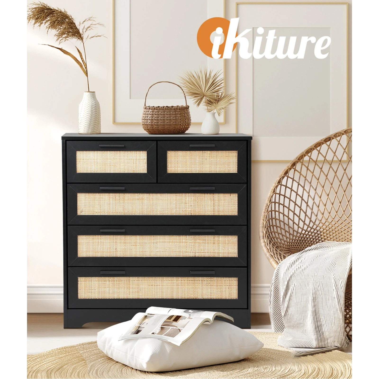 5 Oikiture 5 Chest Of Drawers Dresser Storage Cabinet Tallboy Rattan
 - Black, 5 of 10