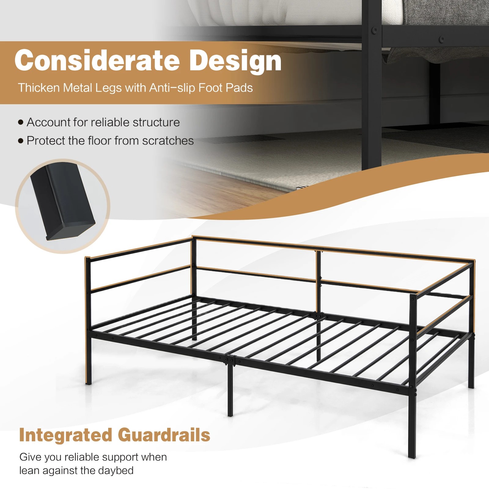 6 Costway Single Size Daybed Frame Metal Sofa Bed Base Mattress Foundation, 6 of 8