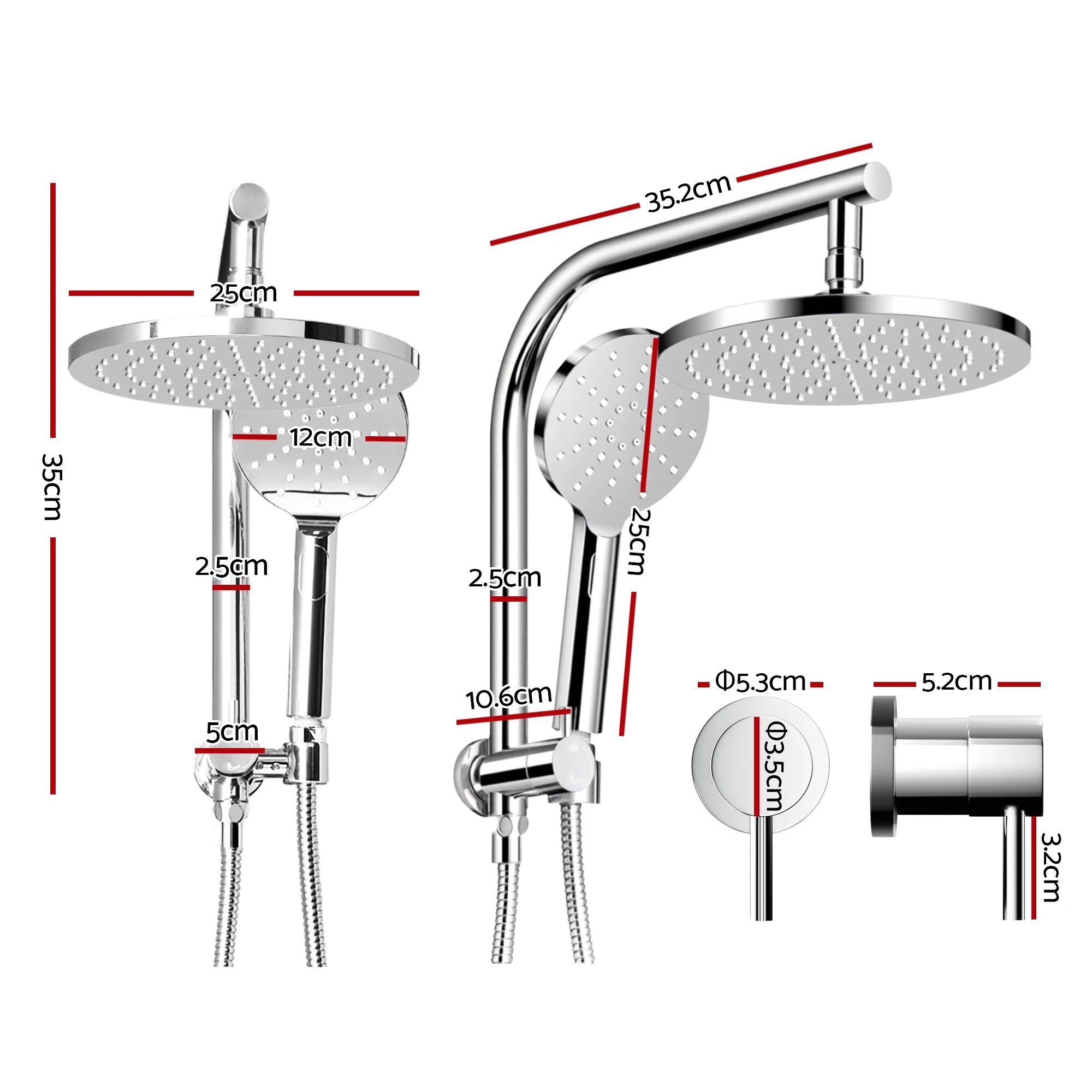 2 Cefito 9'' Rain Shower Head Set Handheld Round High Pressure Twins Tap Chrome - Silver, 2 of 9