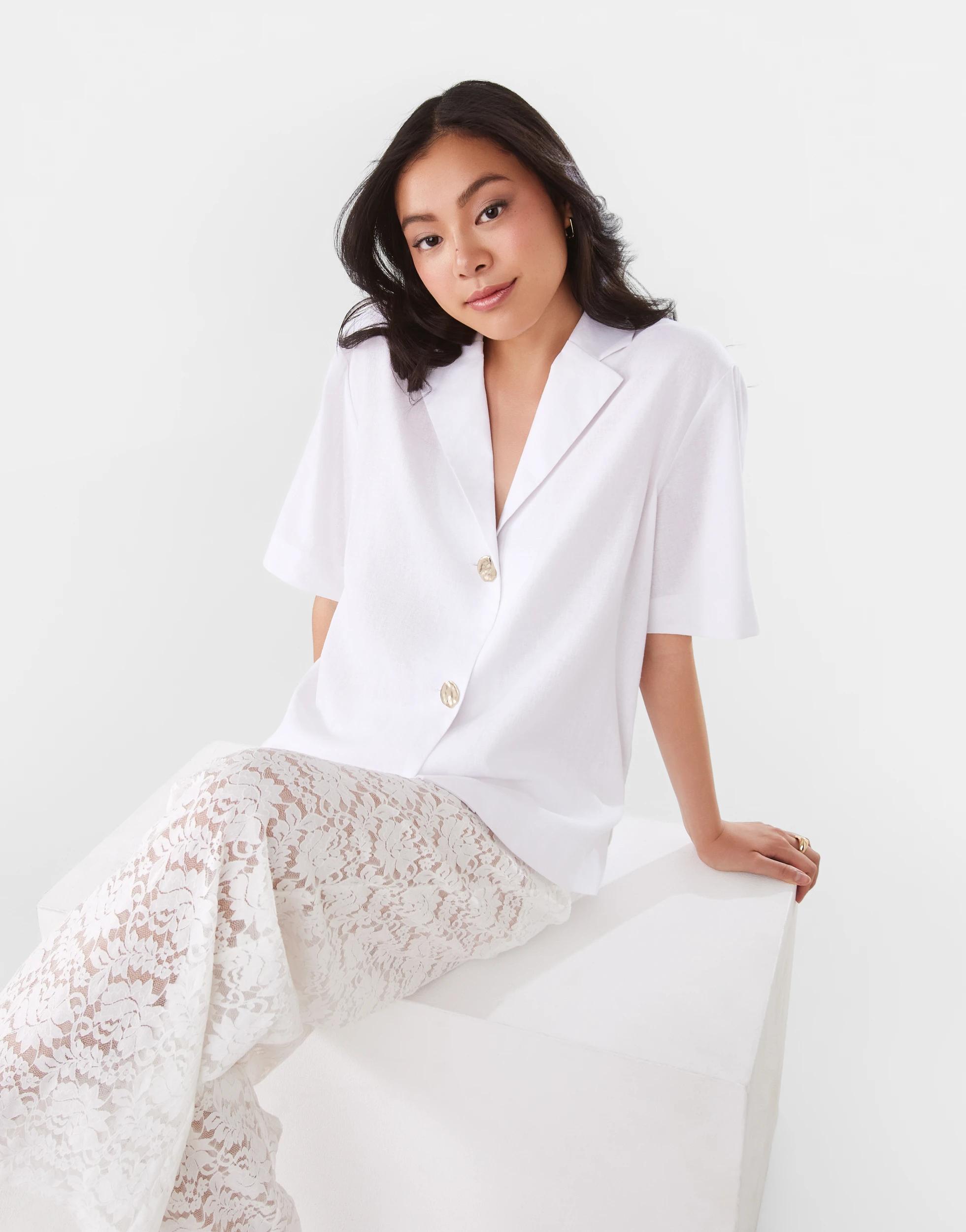 10 Short Sleeve Linen Blend Gold Button Top White, 10 of 10