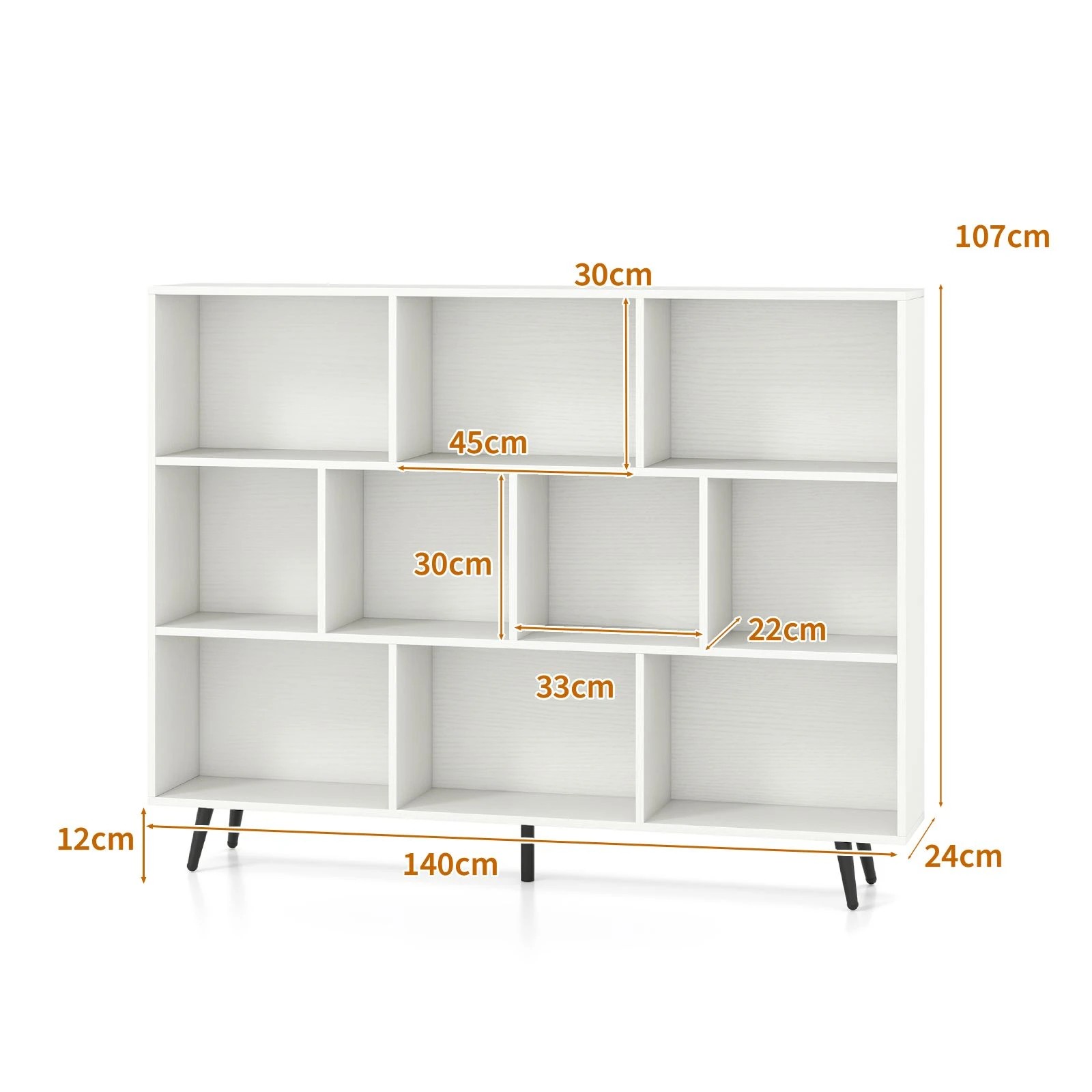 4 Costway 3-Tier 140cm Bookcase 10 Cube Bookshelf w/Metal Angled Legs Storage Display Organizer - White, 4 of 5