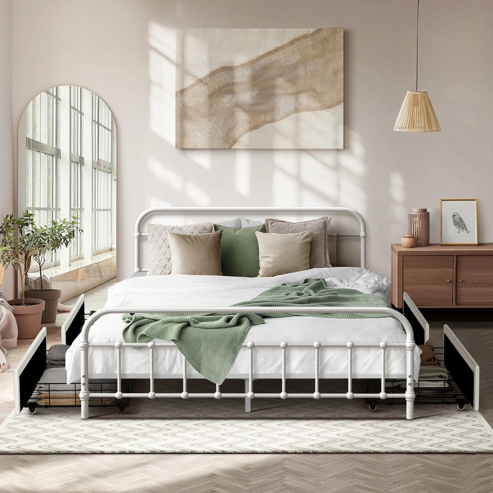 2 Oikiture Metal Bed Frame Queen Size Bed Base with 4 Drawers - White, 2 of 8