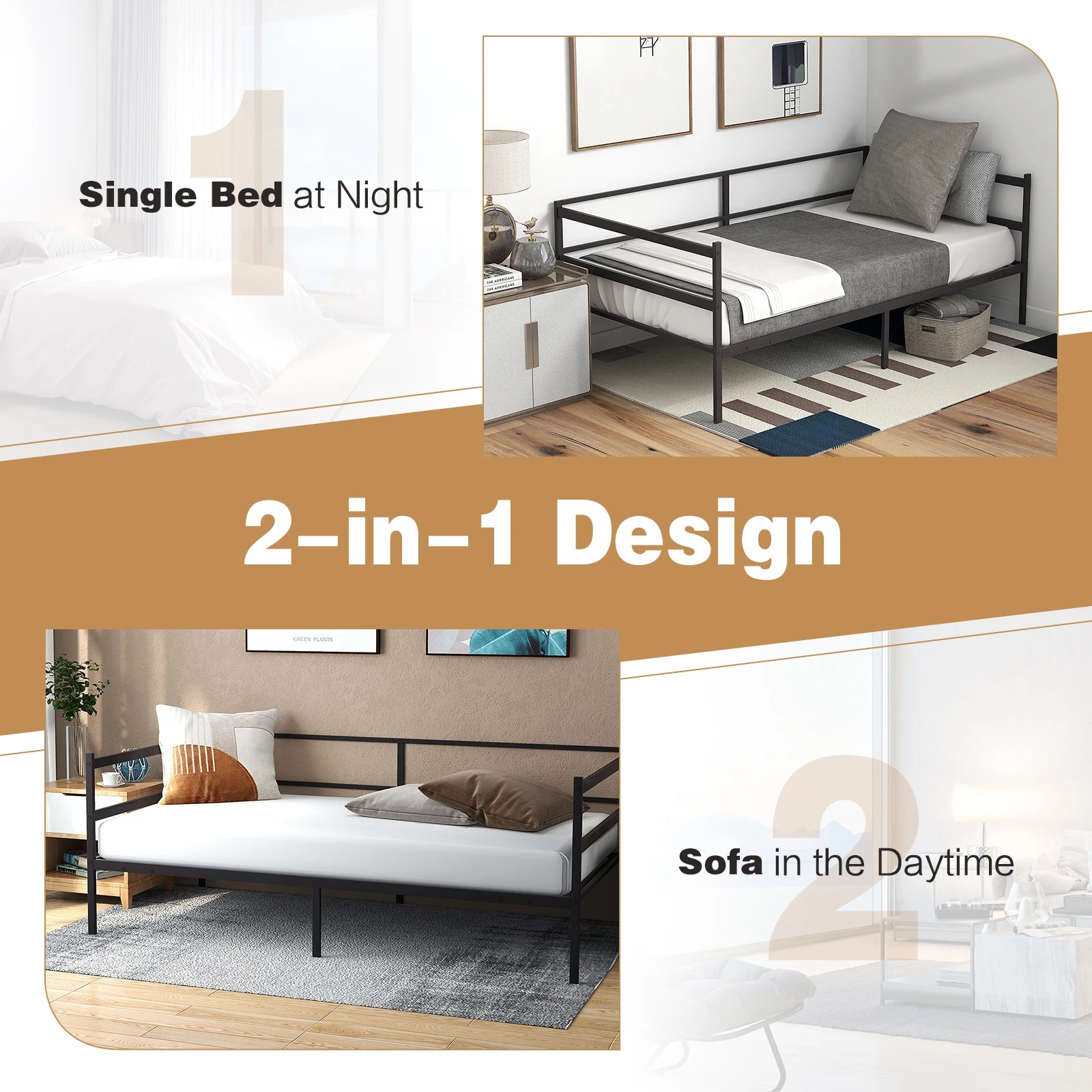 5 Costway Single Size Daybed Frame Metal Sofa Bed Base Mattress Foundation, 5 of 8