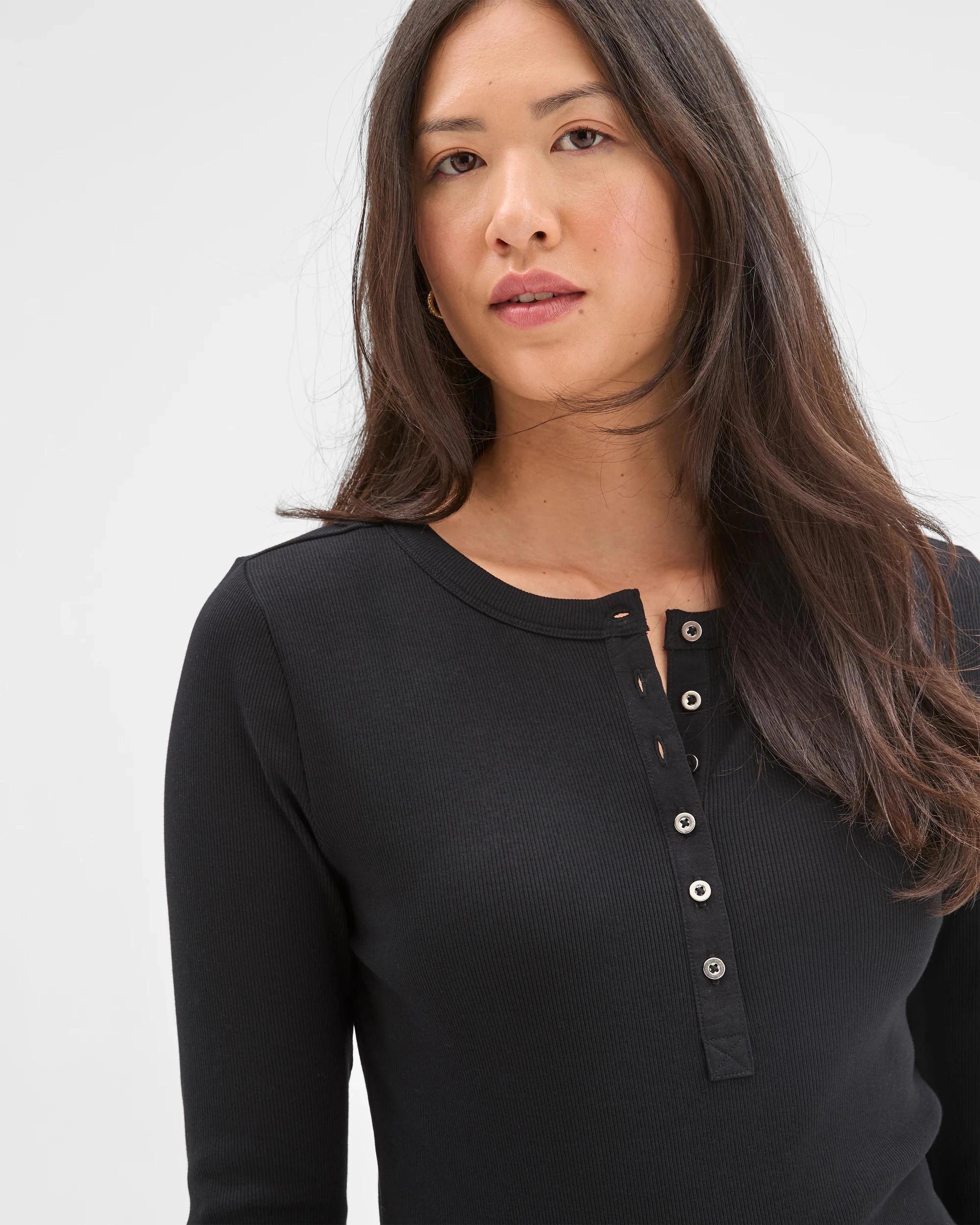 6 Target Woman Australian Cotton Long Sleeve Rib Henley T-Shirt BLACK, 6 of 7