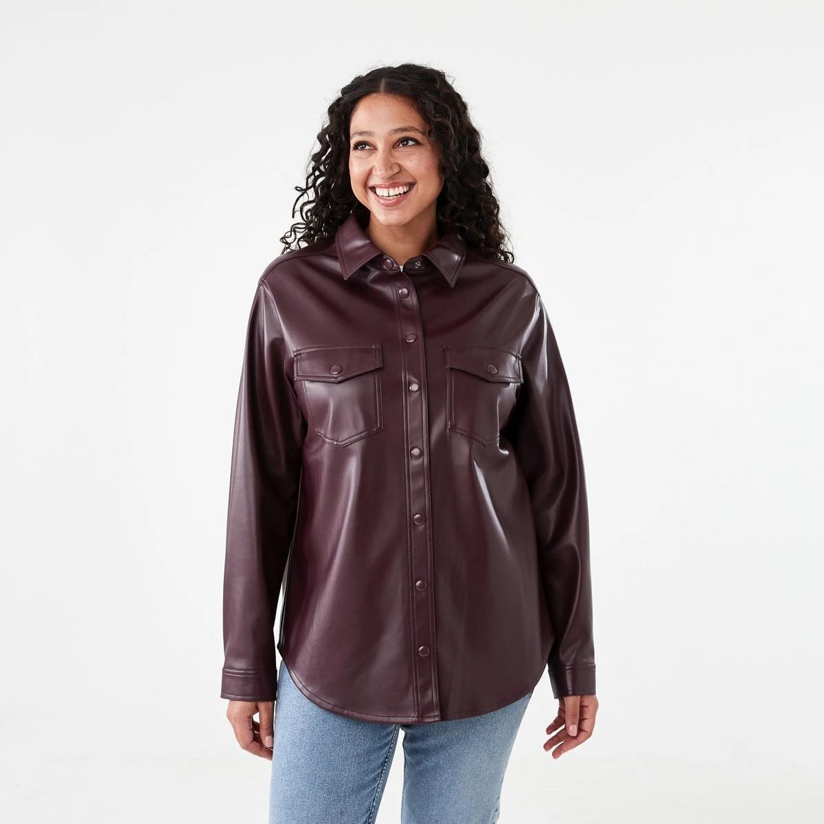 2 Long Sleeve Faux Leather Shirt Mulberry, 2 of 8