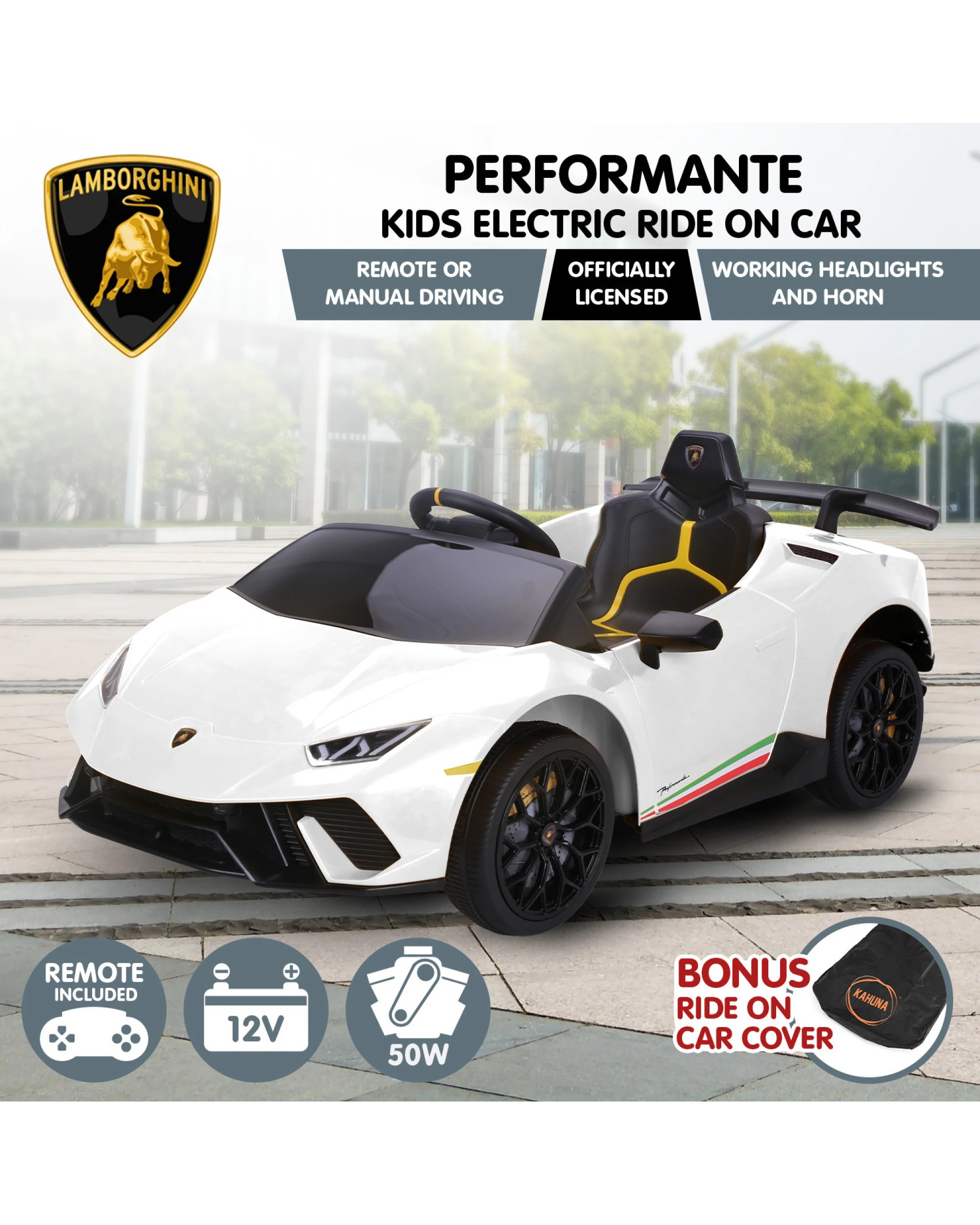 3 Kahuna Lamborghini Performante Kids Electric Ride On Car - White, 3 of 9