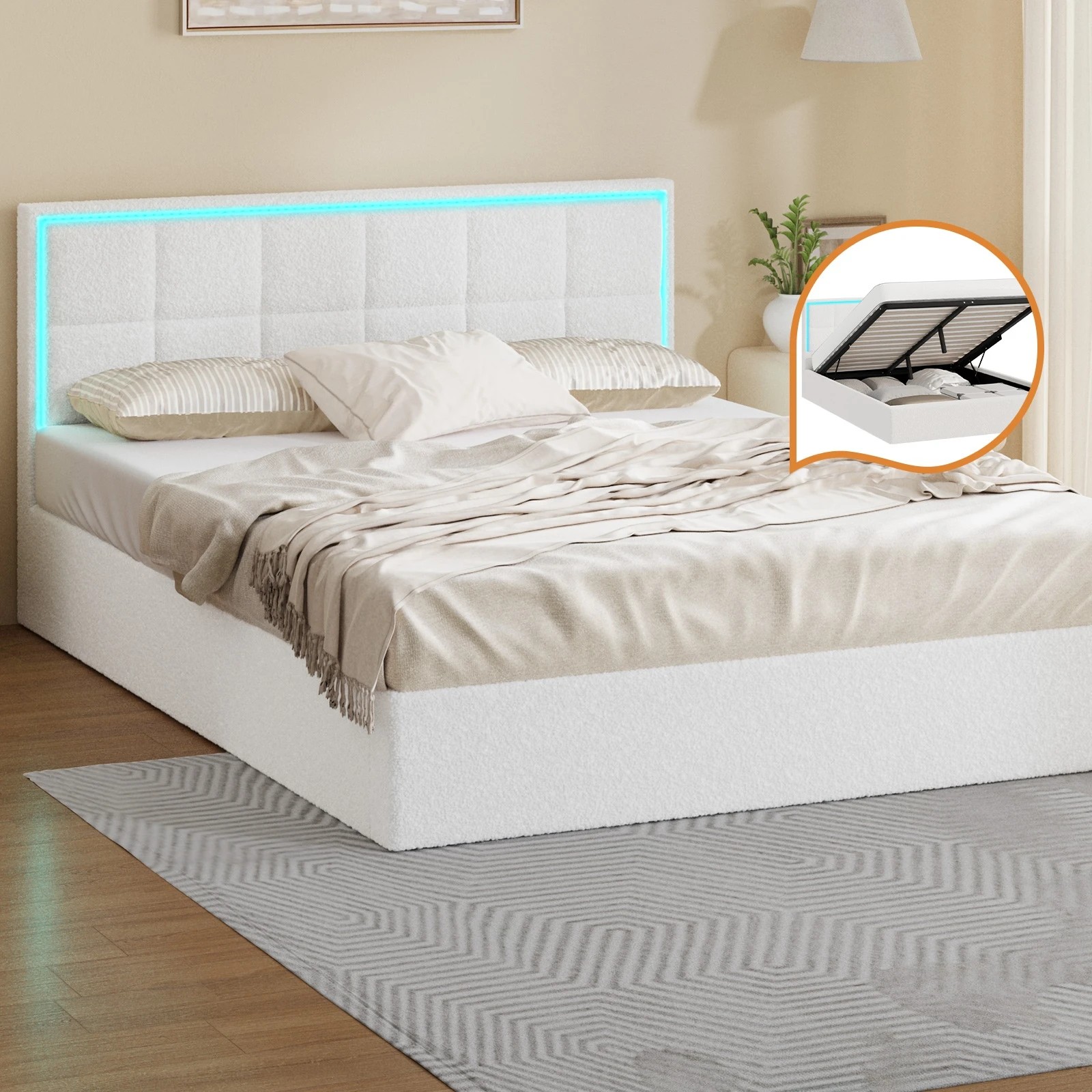 3 Oikiture Bed Frame Queen Size RGB LED Gas Lift Storage Base Boucle - White, 3 of 9