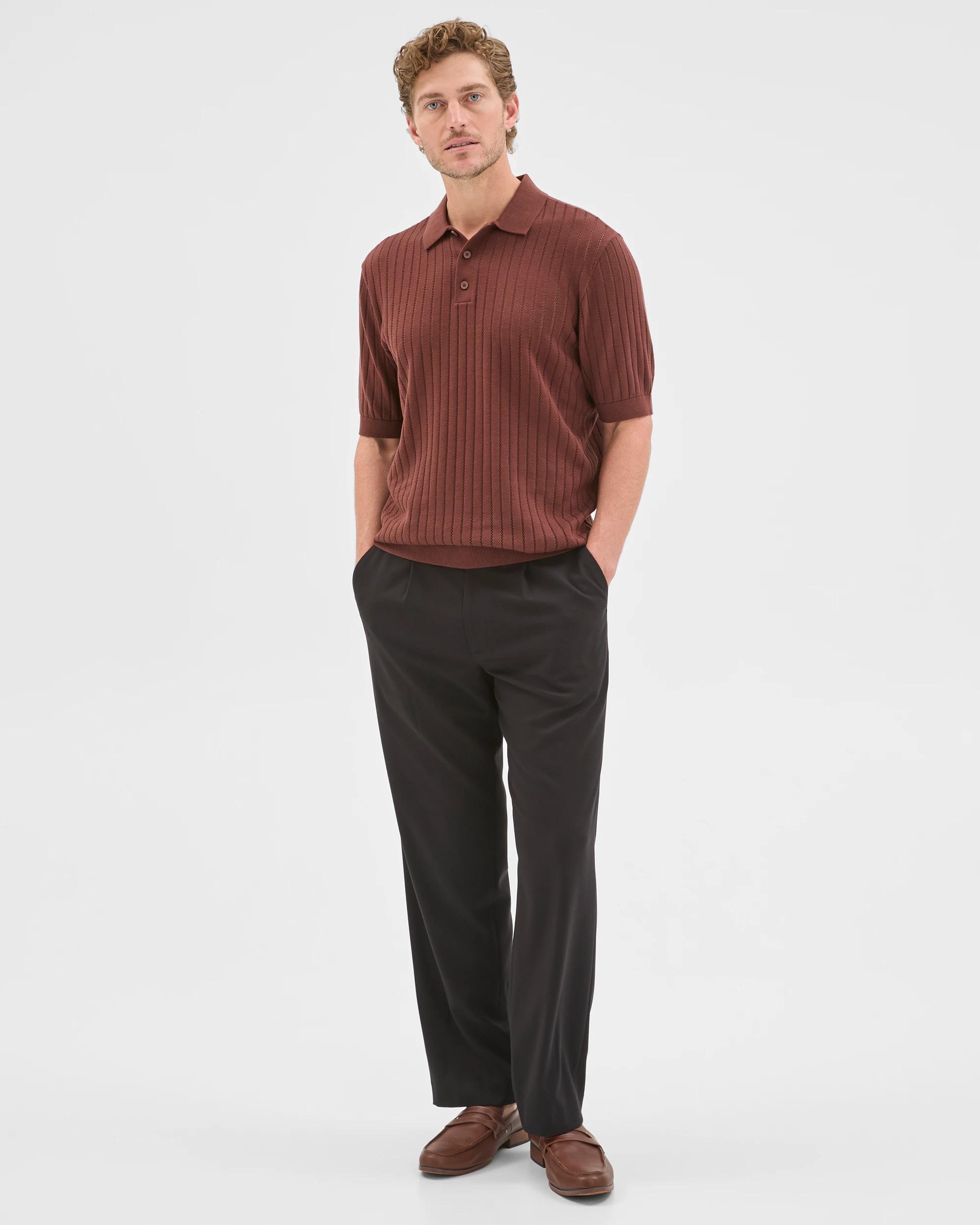 5 Preview Australian Cotton Pointelle Polo Top BROWN STONE, 5 of 6