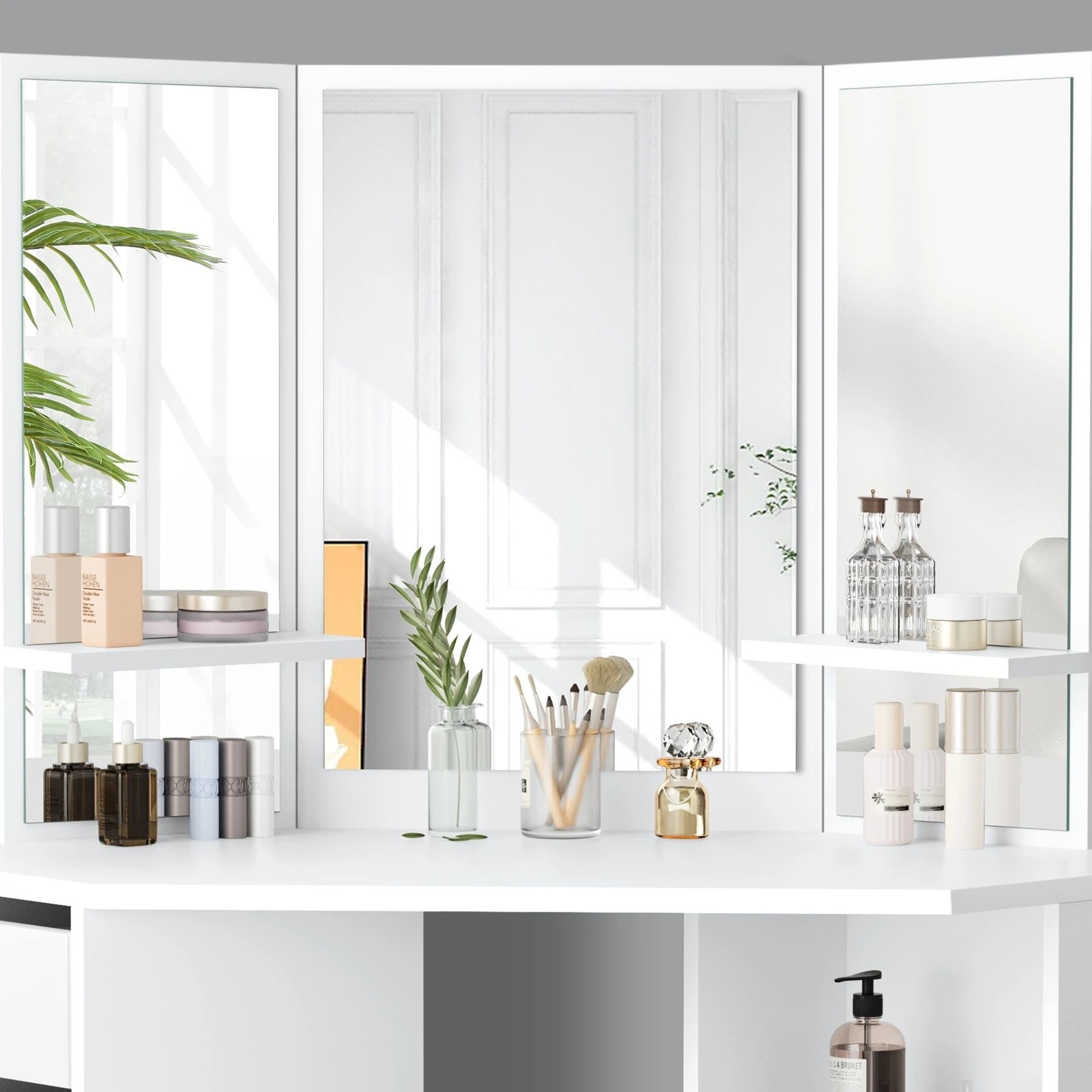 7 Alfordson Dressing Table Stool Set Makeup Tri-fold Mirror Vanity Desk - White, 7 of 10