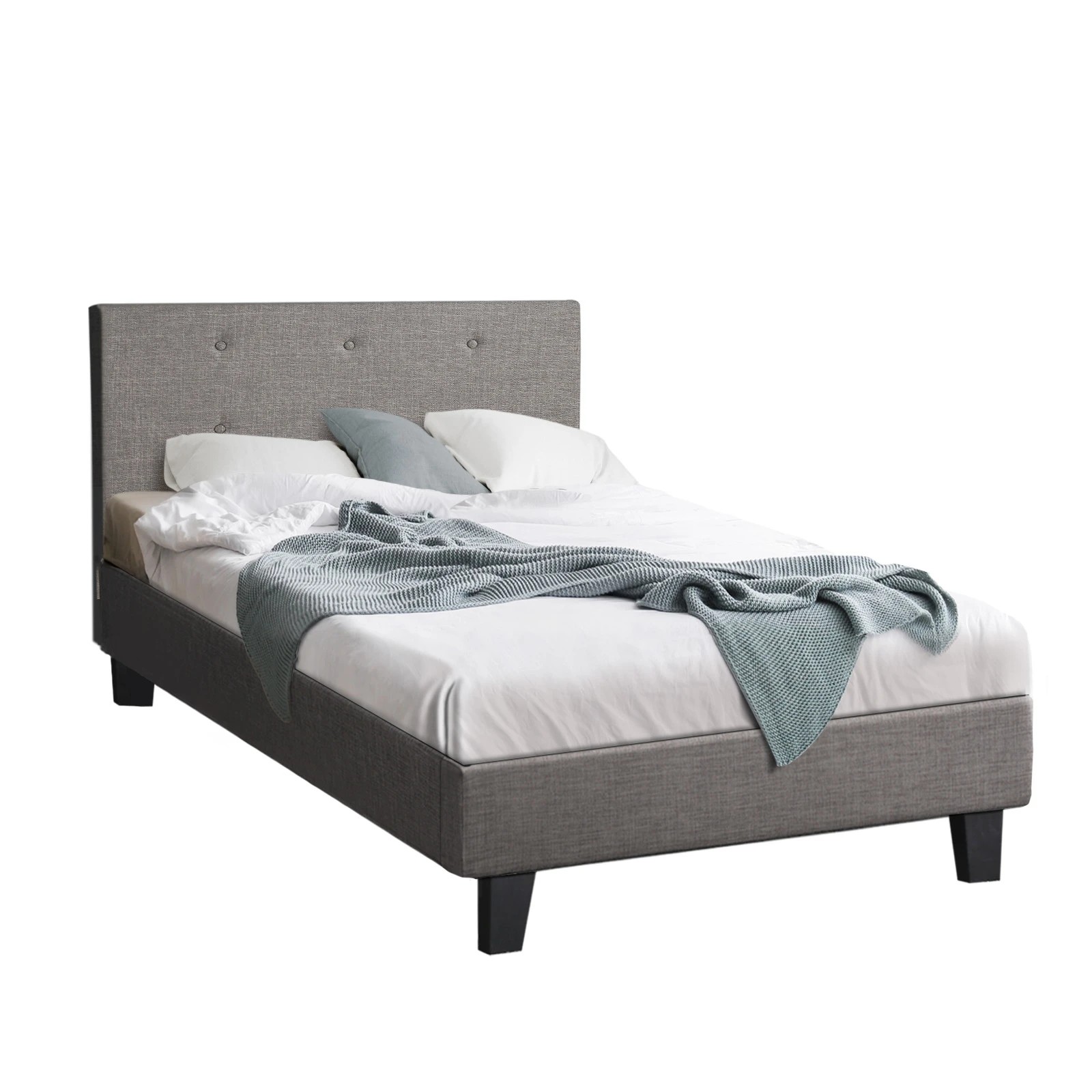 1 Oikiture Bed Frame Single Size Bed Platform Wooden Fabric - Grey, 1 of 8