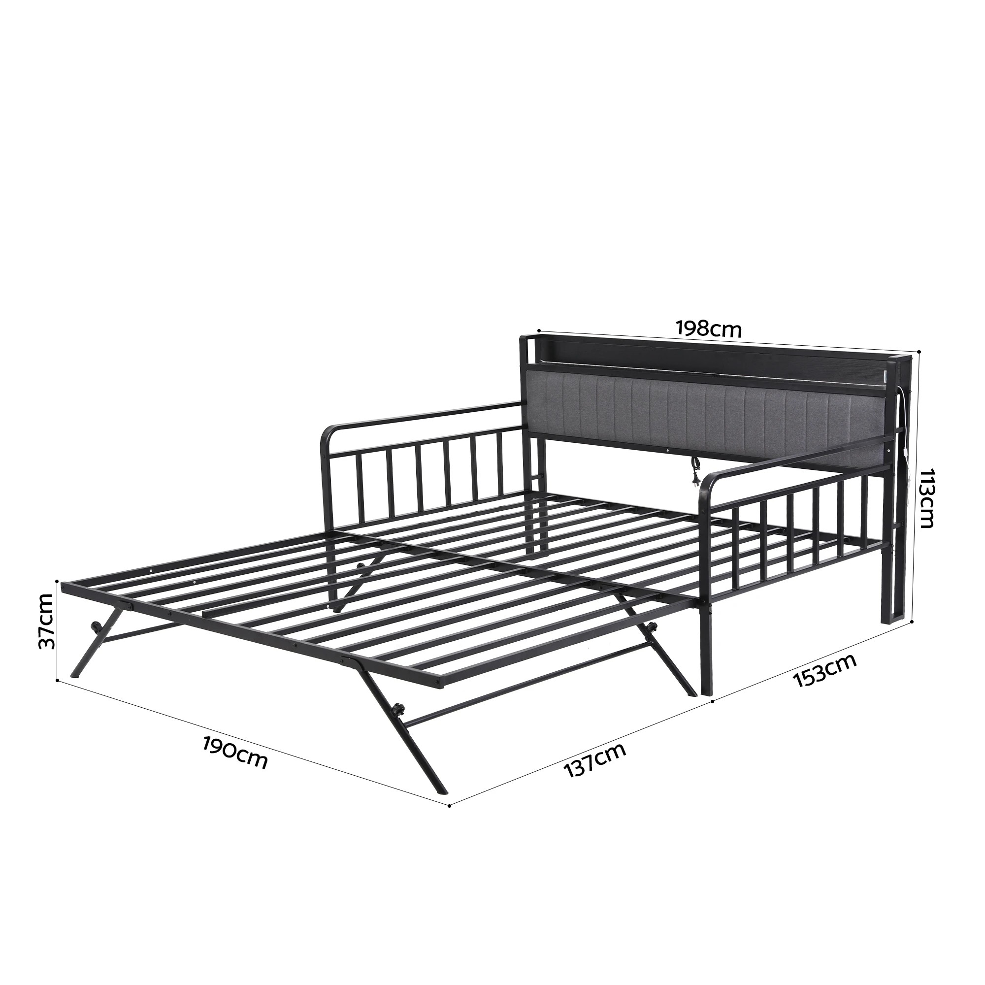 2 Artiss Bed Frame LED Metal Trundle Daybed with Charging Station - Double Bed - Black, 2 of 8