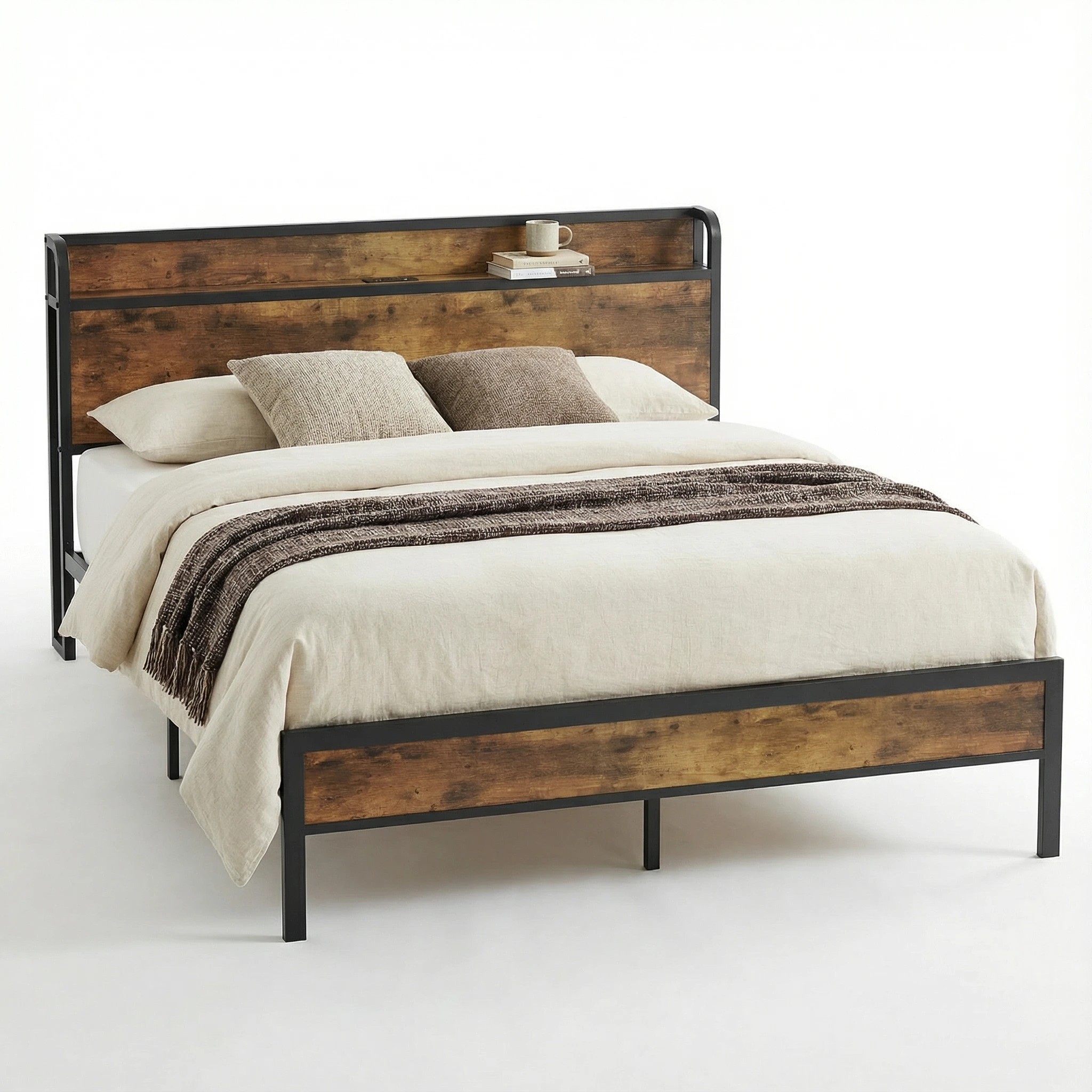 1 Advwin Double Metal Bed Frame Storage Headboard With Charging Station USB Ports, 1 of 8