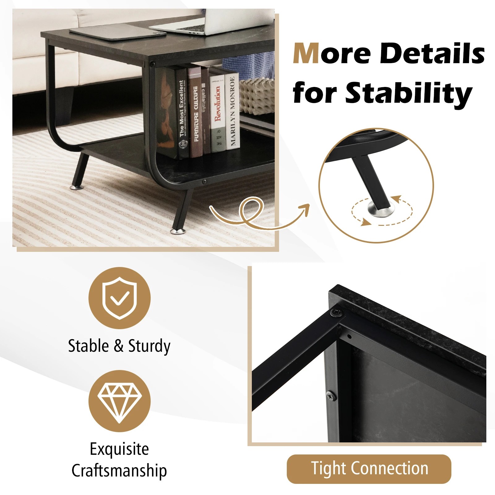 6 Costway 2-Tiers Faux Marble Coffee Table Rectangular Center Table, 6 of 8