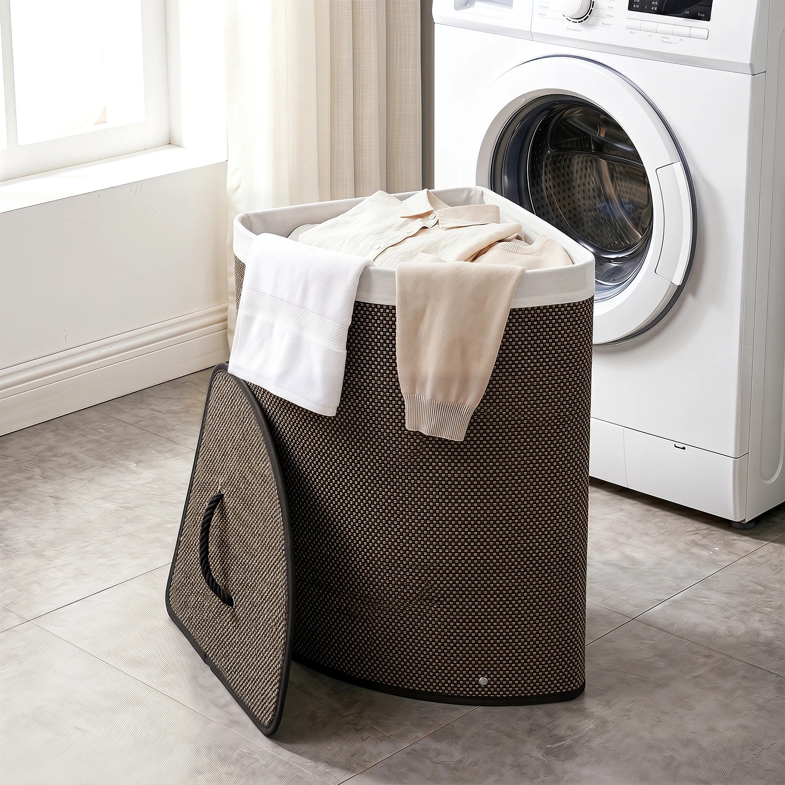 3 Costway 57L Corner Laundry Hamper Bamboo Clothes Hamper w/Removable Liner - Black, 3 of 5