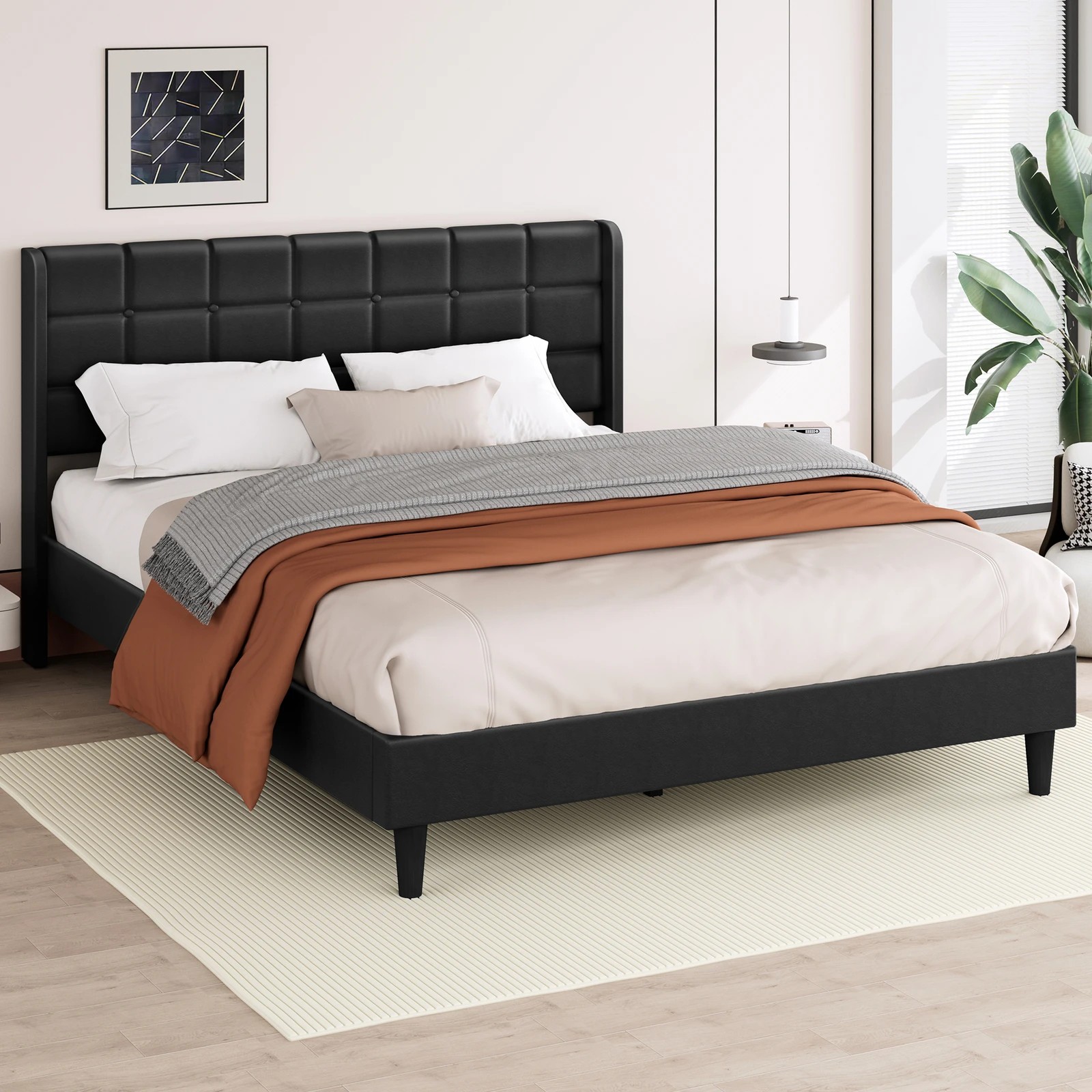 9 Alfordson Bed Frame King Size Upholstered Wingback Base Leather Sarah - Black, 9 of 10