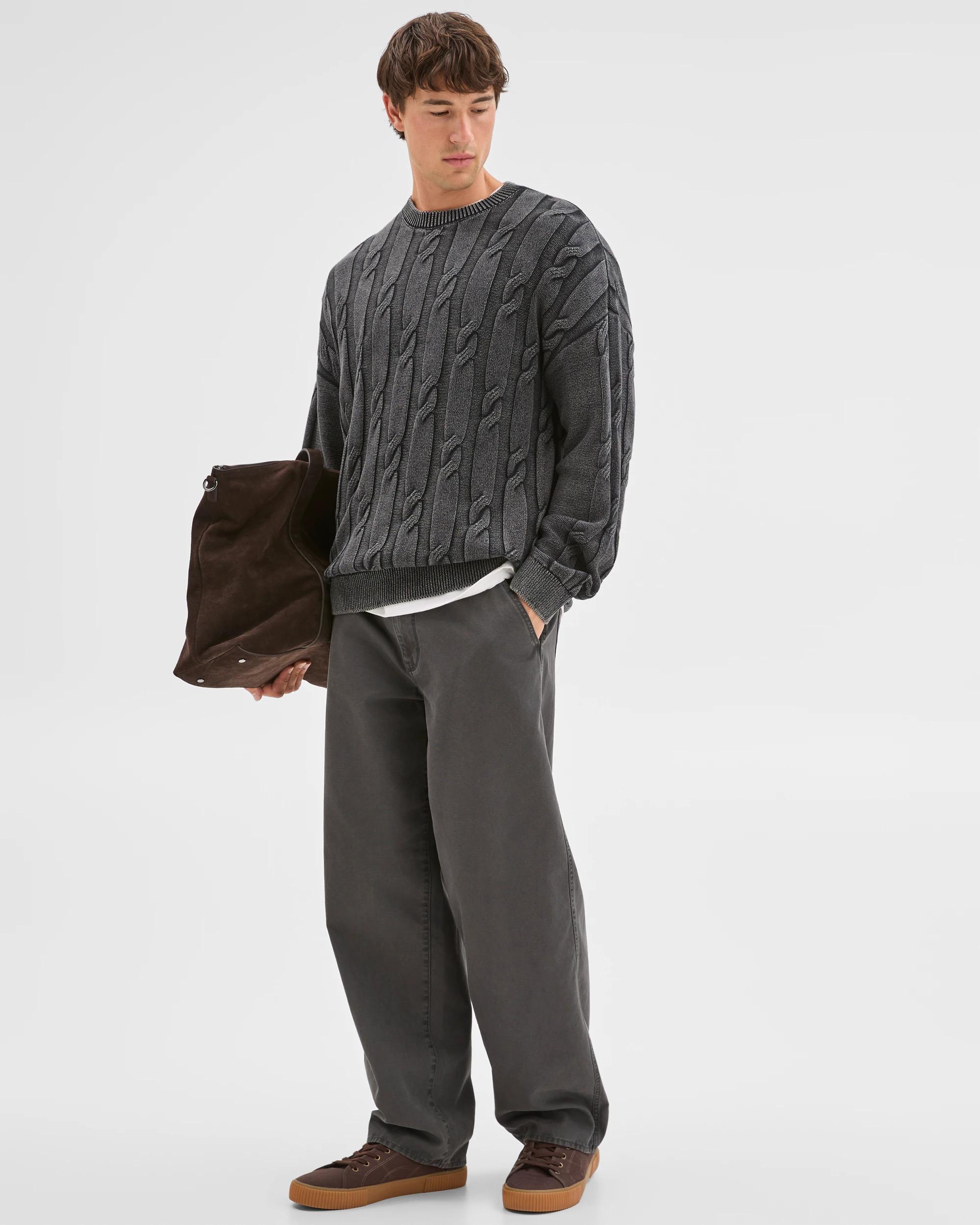 4 Commons Australian Cotton Cable Knit Washed Crew Jumper ACID BLACK, 4 of 6