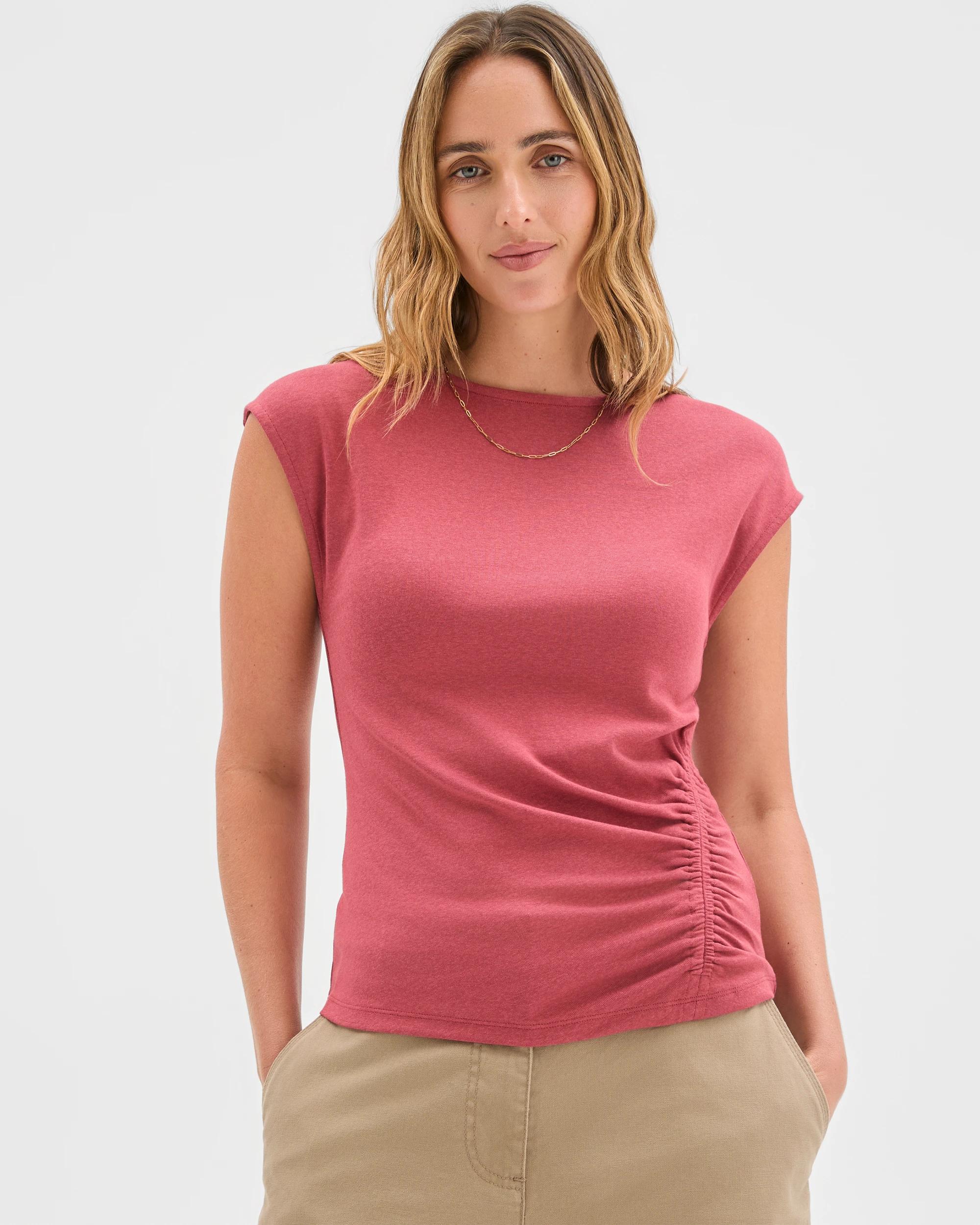 3 Target Australian Cotton Blend Soft Touch Front Gathered Seam T-Shirt POMEGRANATE, 3 of 6