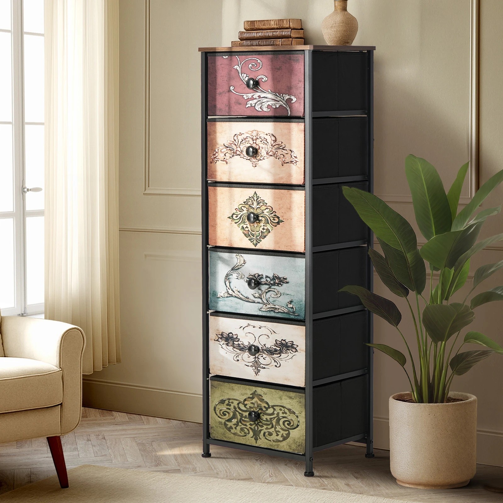 3 Oikiture 6 Chest Of Drawers Retro Tallboy Printed Foldable Fabric Drawers - Multi, 3 of 6