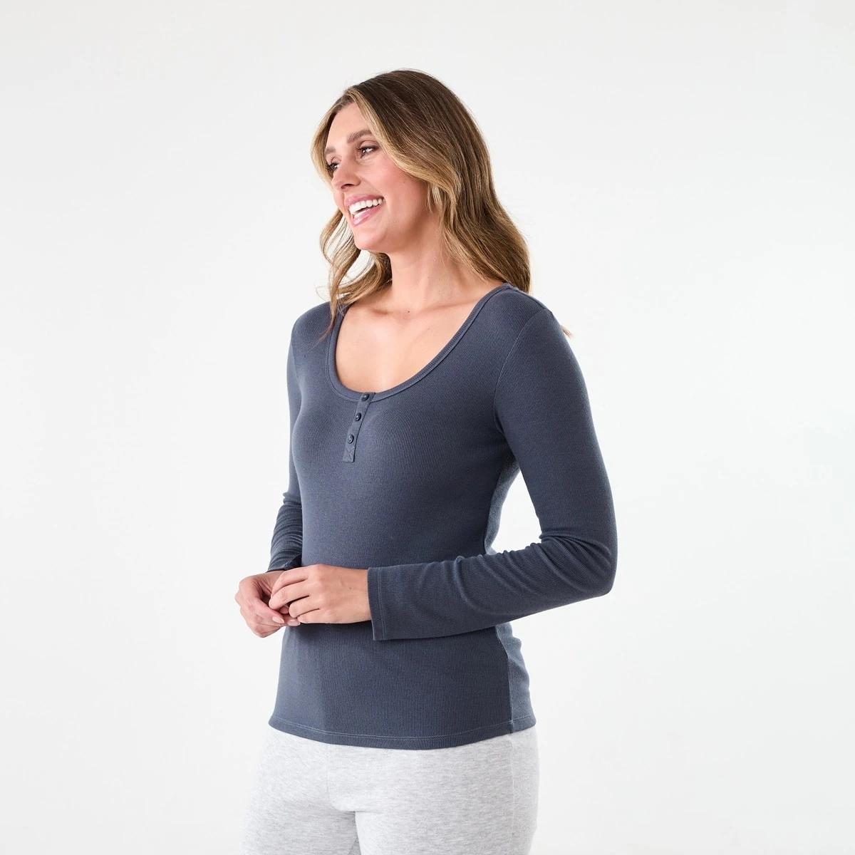 2 Long Sleeve Rib Henley Top Shadw Navy, 2 of 6