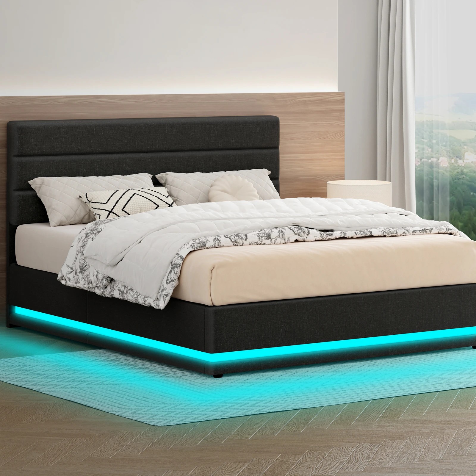 2 Alfordson Bed Frame Double Size Platform RGB LED Gas Lift Storage Base - Charcoal, 2 of 10