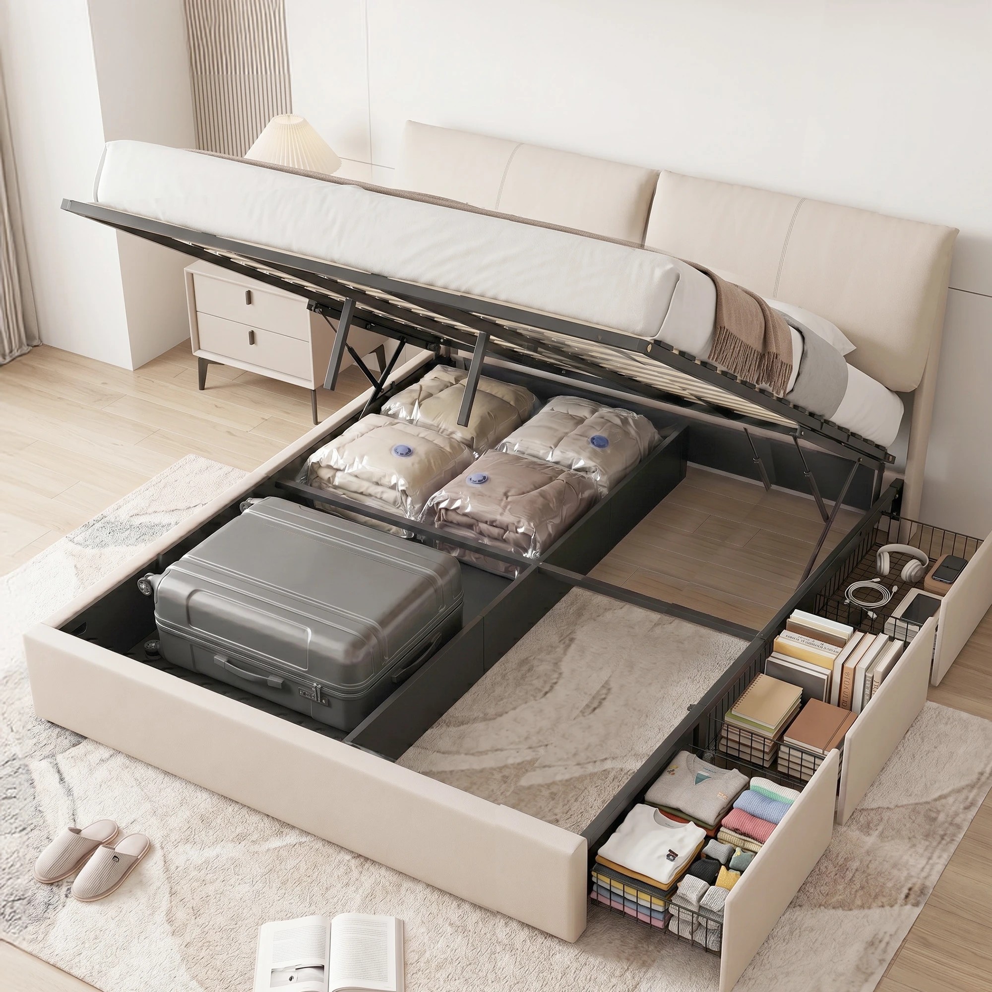 3 Artiss King Bed Frame Gas Lift Storage 3 Drawers Adjustable Headboard Platform Base - Beige, 3 of 9