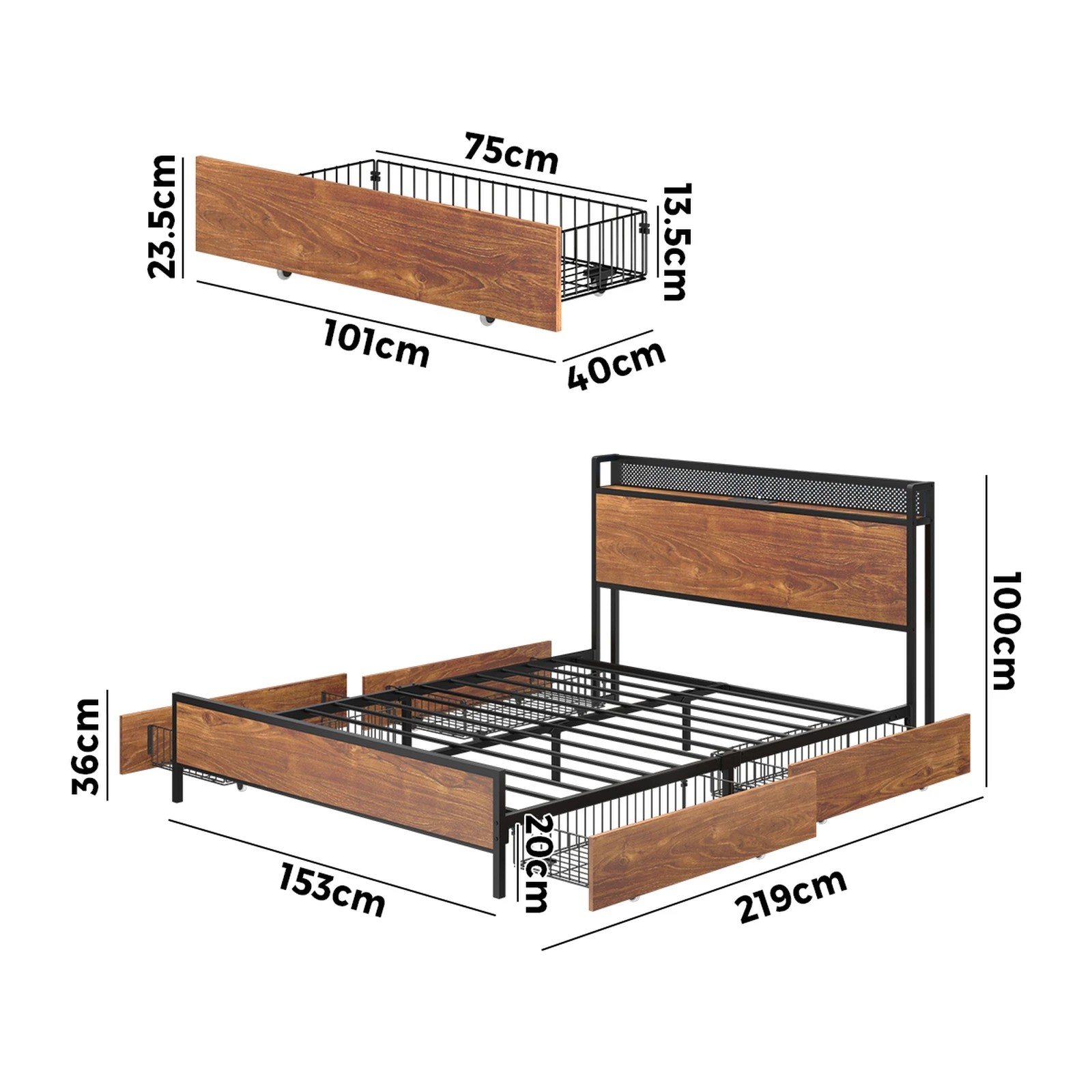 7 Oikiture Metal Bed Frame Queen Size With Led Headboard 4 Storage Drawers Usb
 - Black, 7 of 7