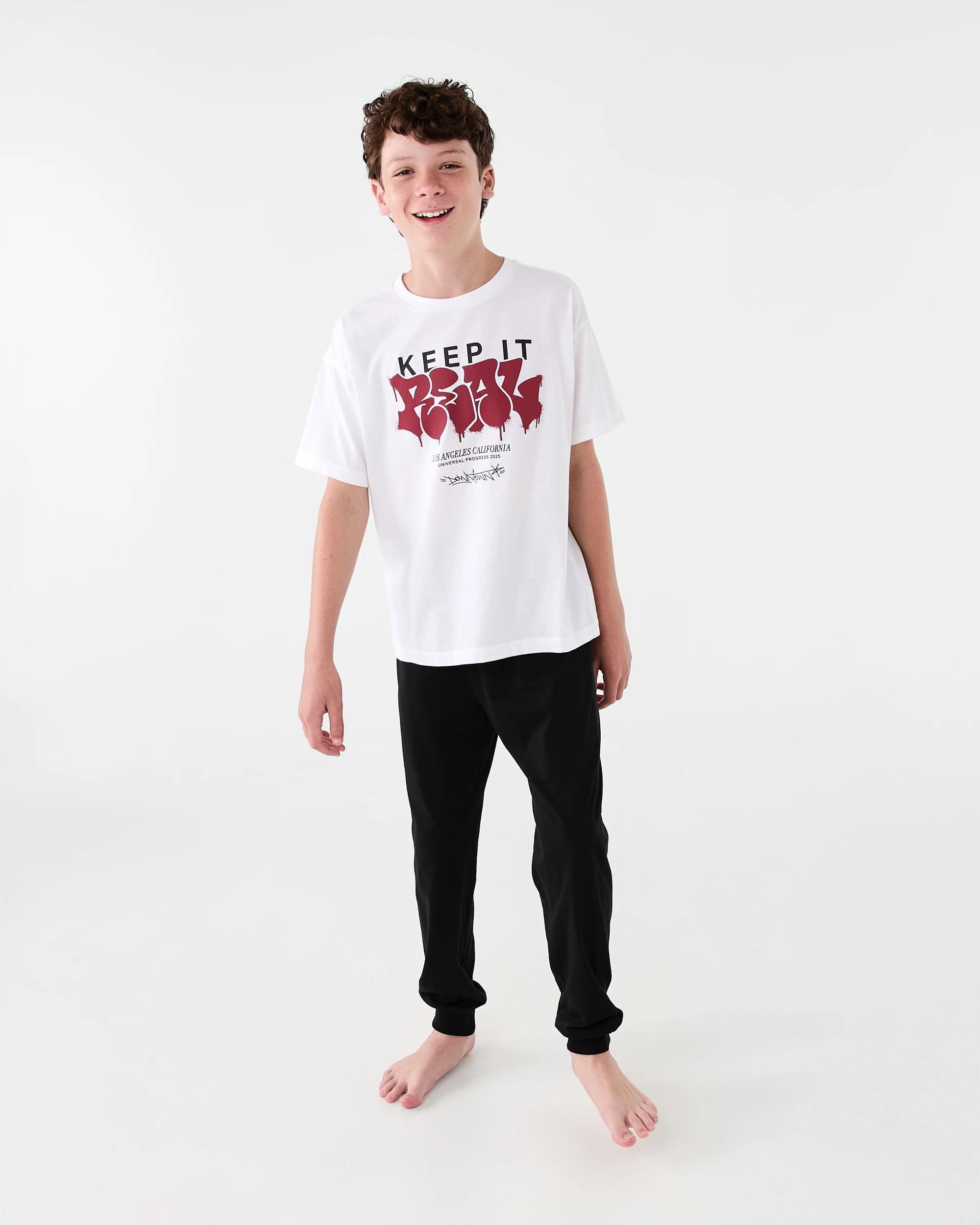 1 Short Sleeve Top and Long Pants Pyjama Set Wht Slogan, 1 of 7