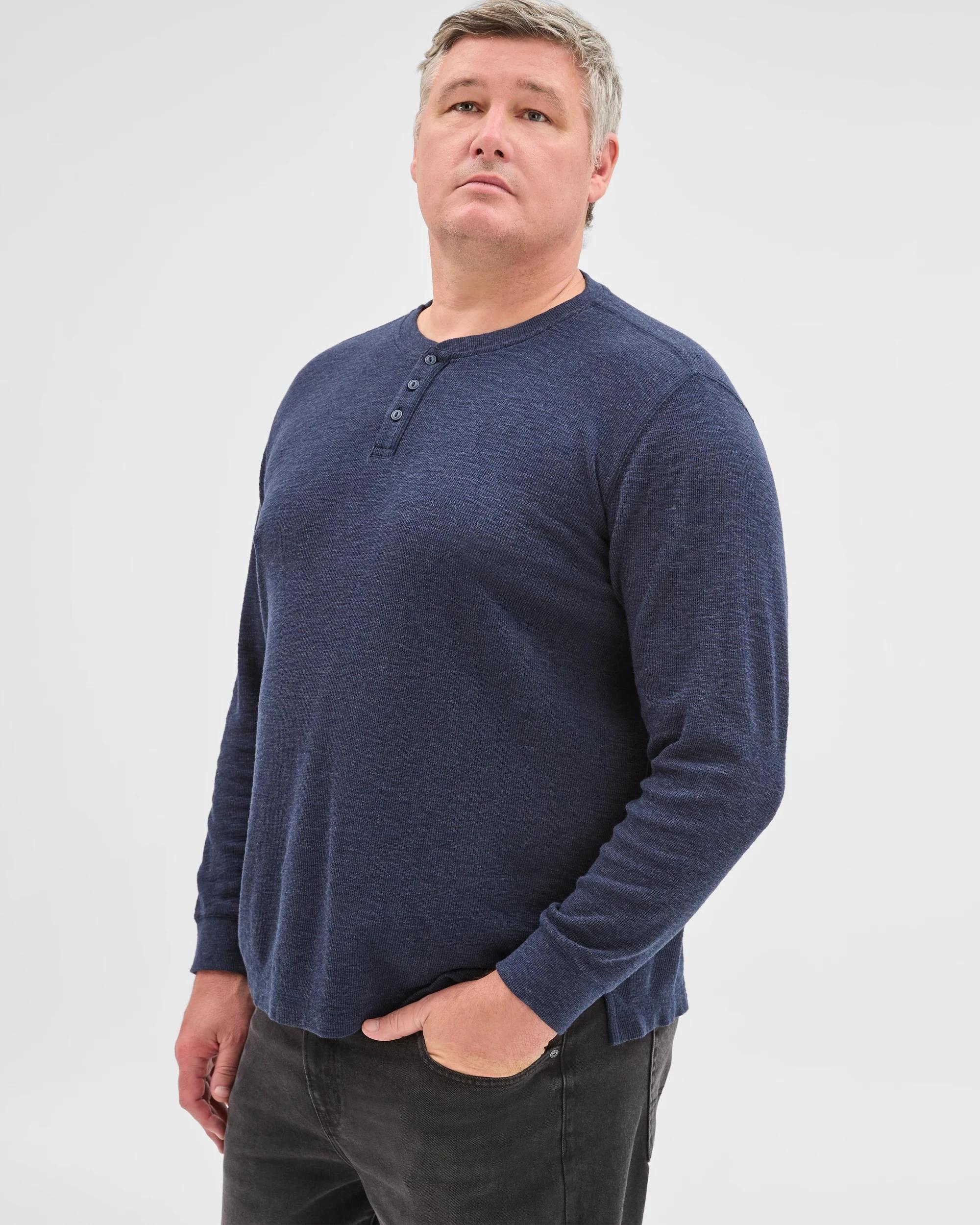 4 Target Man Plus Plus Size Australian Cotton Long Sleeve Waffle Henley T-Shirt NAVY MARLE, 4 of 6