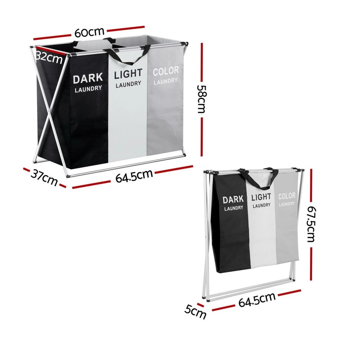 2 Artiss Laundry Basket Hamper Large Foldable Washing Clothes Storage 3 Sections - Multi, 2 of 6