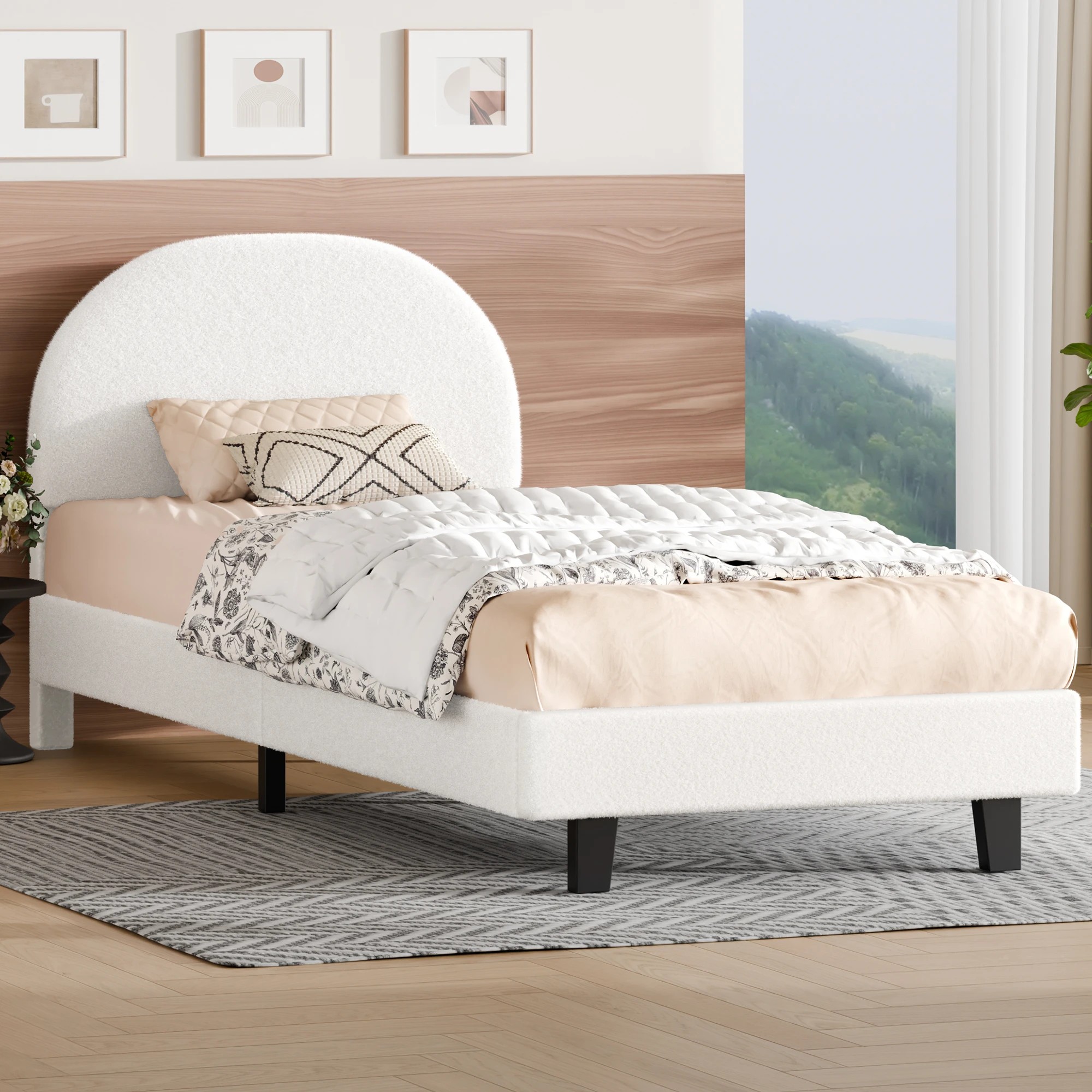 2 Alfordson Bed Frame Single Size Boucle Mattress Base Platform - White, 2 of 9