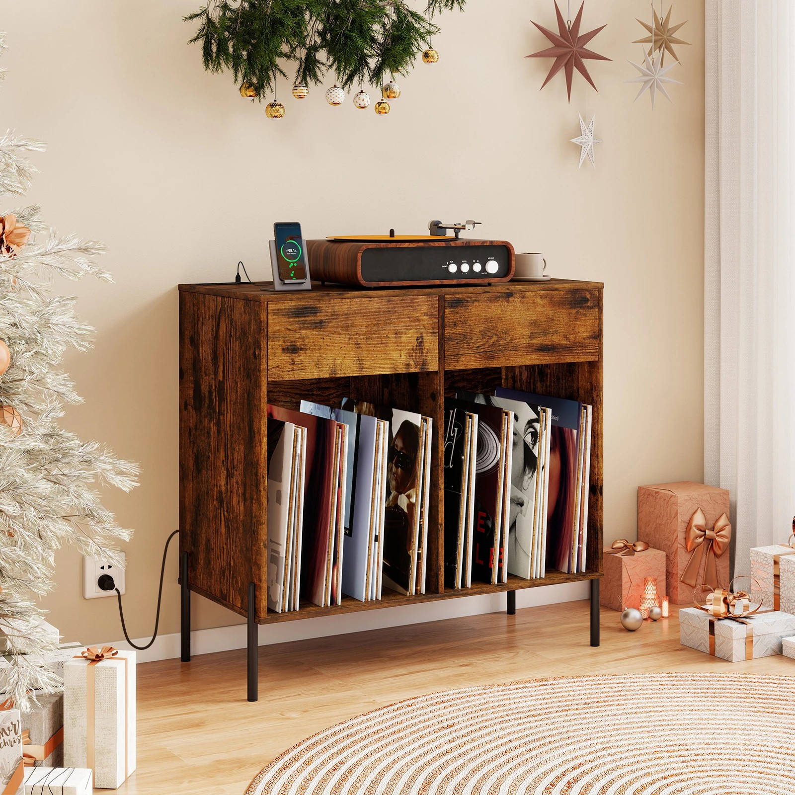 3 Costway Record Player Stand Double Wide Turntable Stand w/Power Outlets - Brown, 3 of 5
