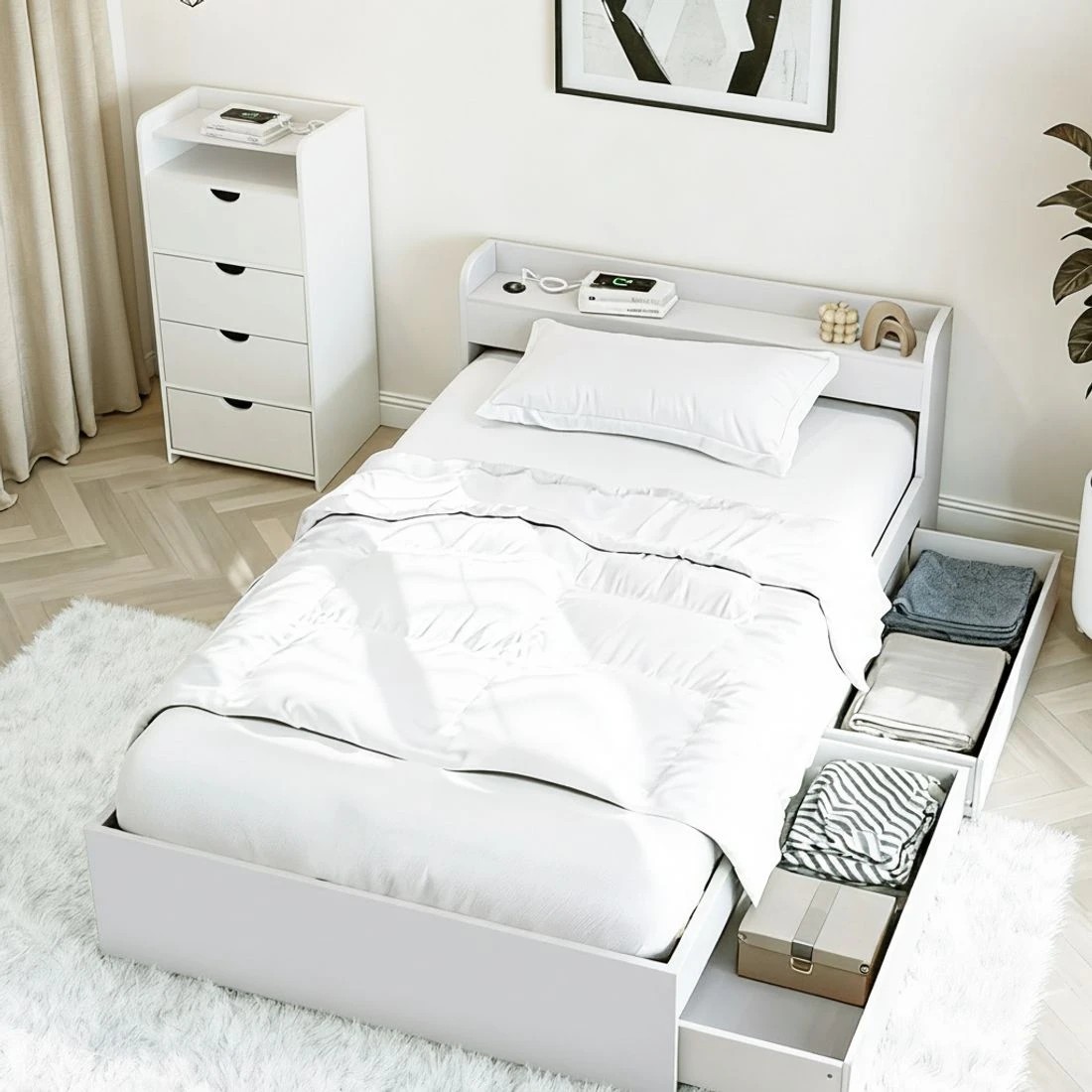 6 Artiss Single Bed Frame  with Charging Ports and Bedside Table - White, 6 of 10