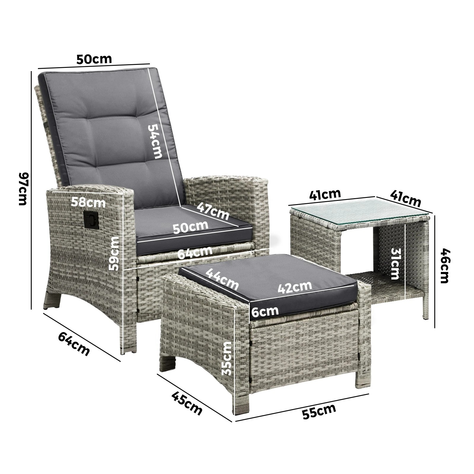 2 Livsip Recliner Chair Outdoor Sun Lounge Setting Wicker Sofa Patio Furniture 3pc
 - Grey, 2 of 10