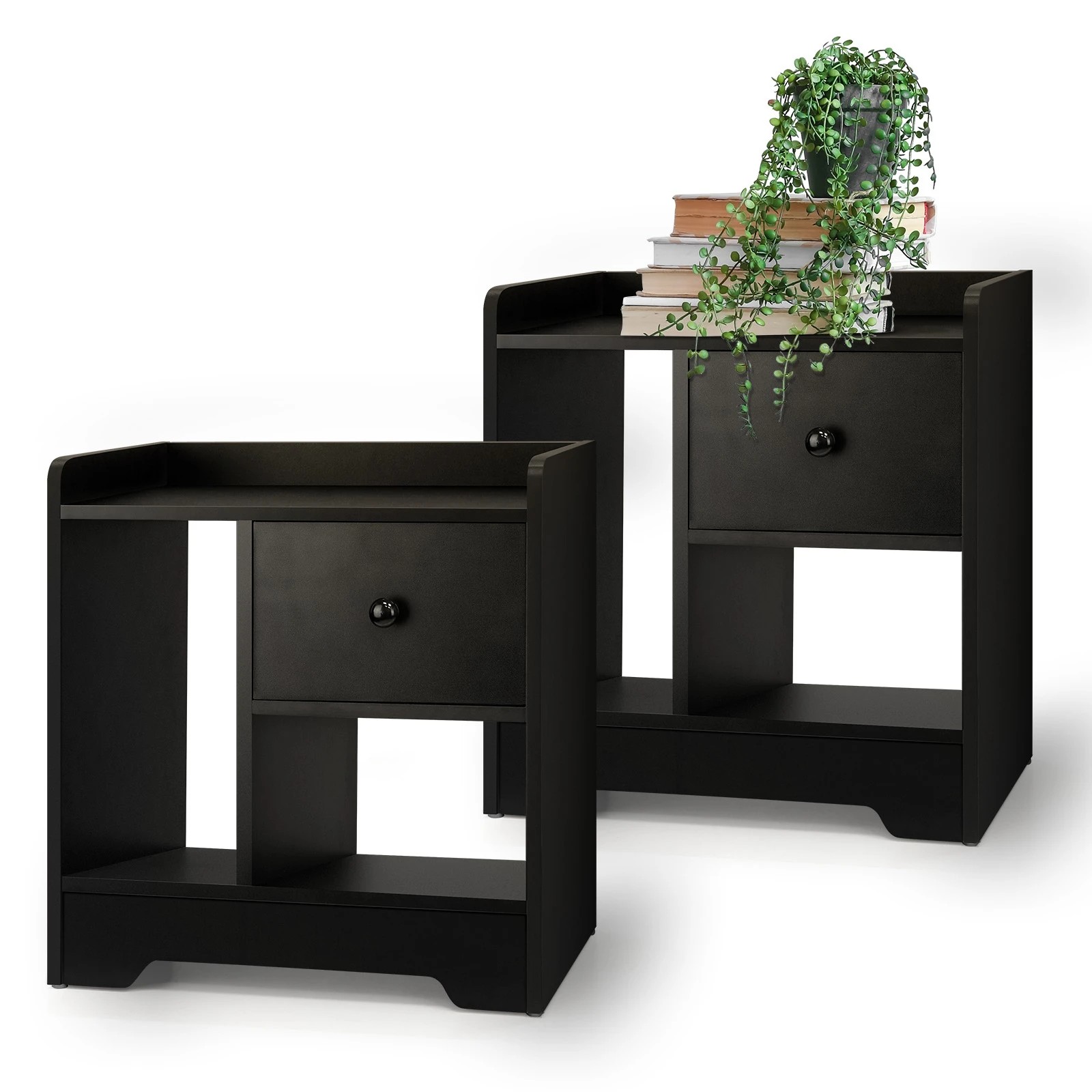 1 Oikiture Bedside Tables Set of 2 Side Table Nightstand Storage Shelf - Black, 1 of 10