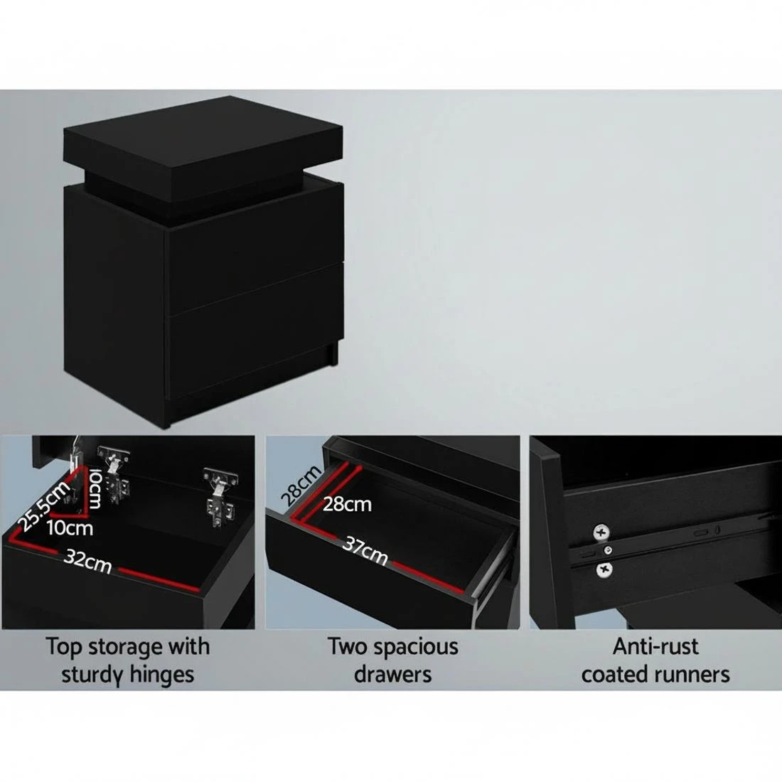 4 Artiss Bedside Table 2 Drawers Lift-up Storage - Black, 4 of 5