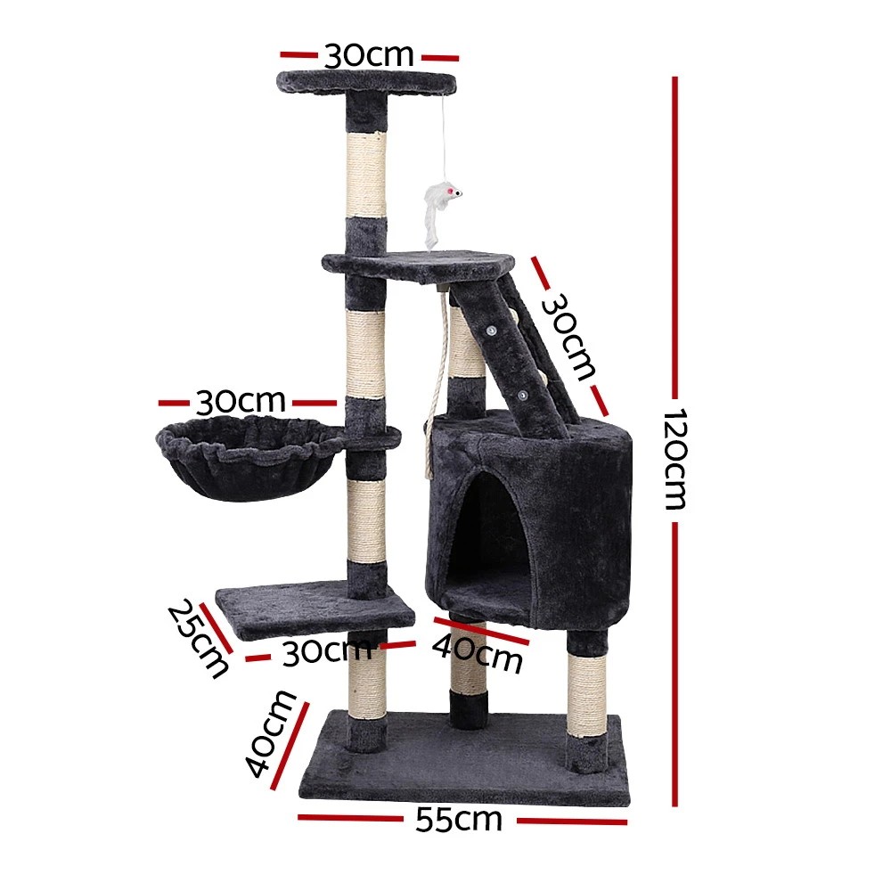 2 i.Pet Cat Tree 120cm Tower Scratching Post Scratcher Wood Condo House Bed Toys - Grey, 2 of 6