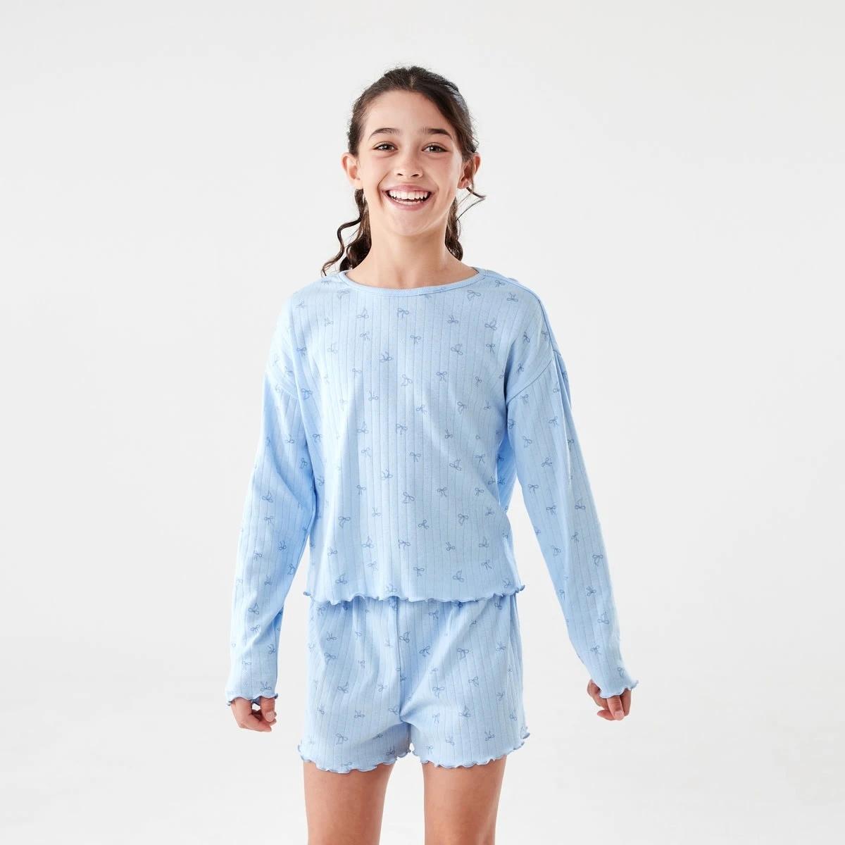 1 Long Sleeve Pointelle Pyjama Set Blu Bows, 1 of 9