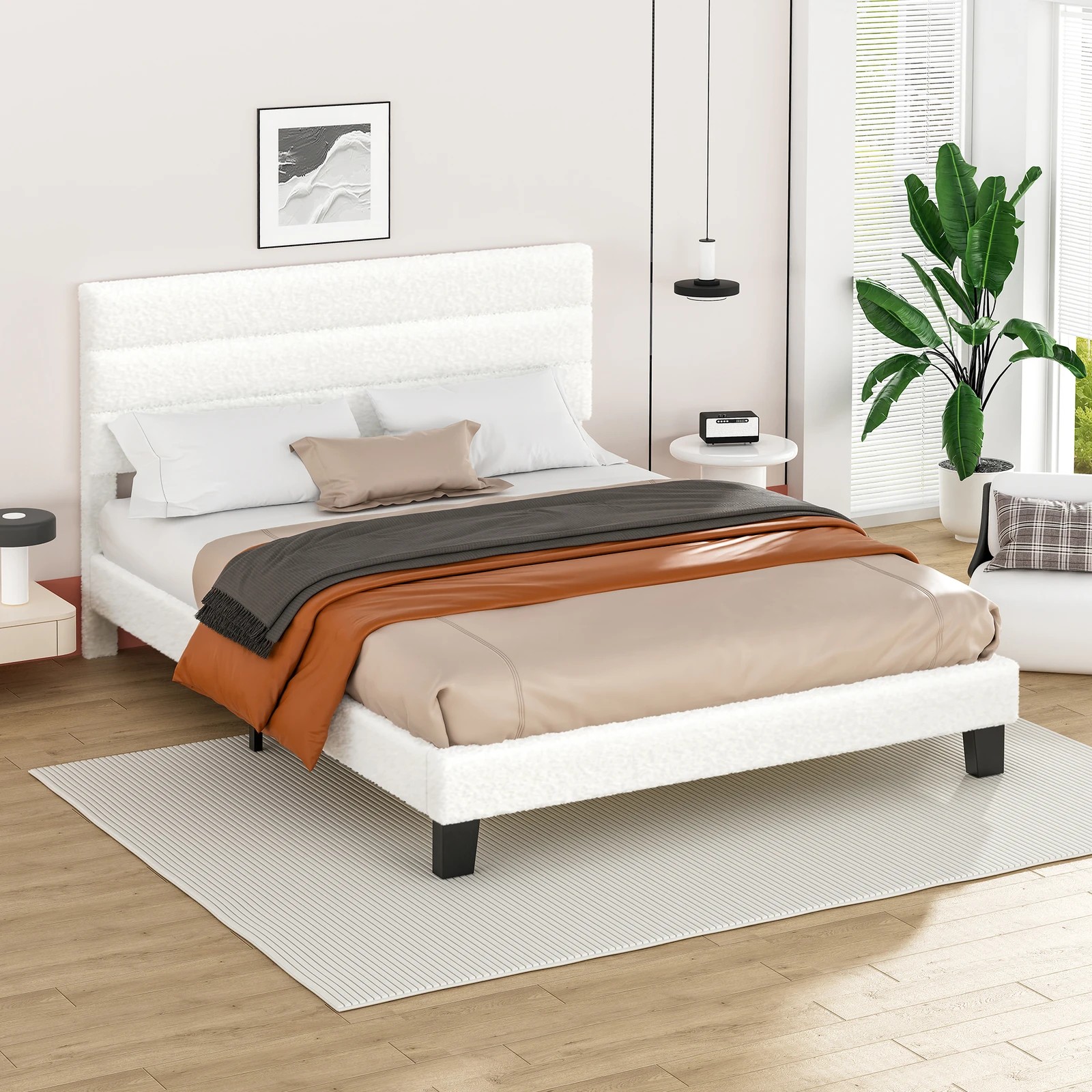 9 Alfordson Bed Frame Double Size Upholstered Platform Boucle Harlene - White, 9 of 10