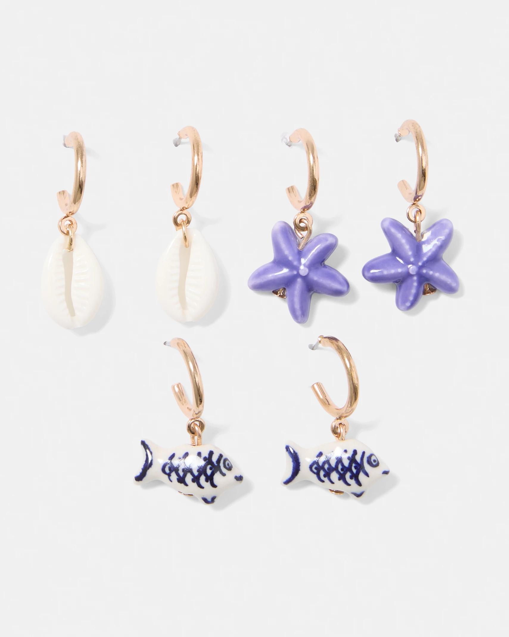 1 3 Pack Fish Hoop Earrings - Blue, White and Gold Tone Gold, 1 of 5