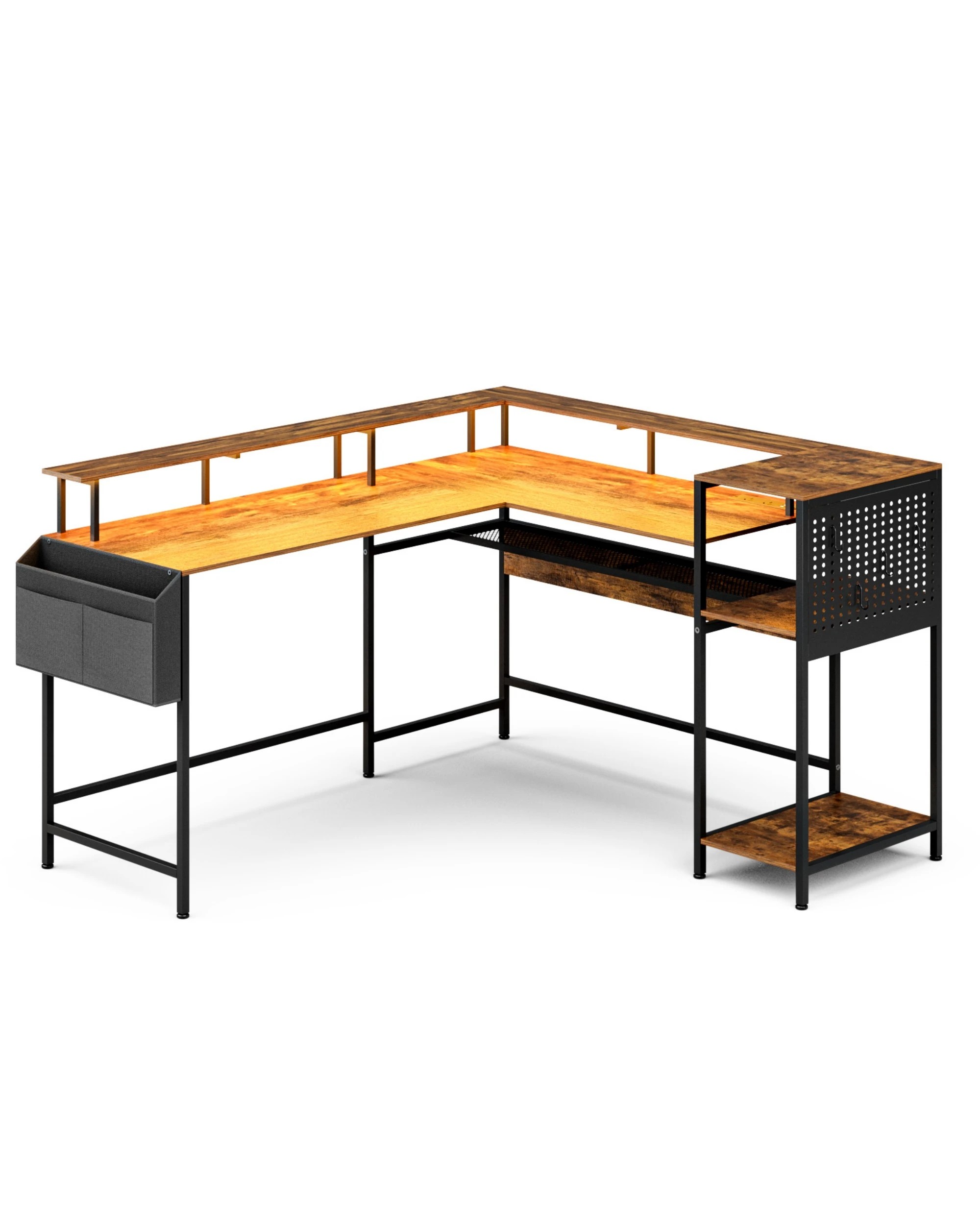 7 Advwin 150cm L Shaped Computer Desk w/ LED Lights & Power Outlets Convertible Gaming Desk  - Brown, 7 of 10