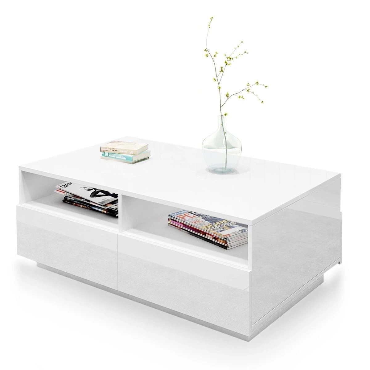 4 AUSWAY Contemporary High Gloss Coffee Table with 4 Drawers White, 4 of 5