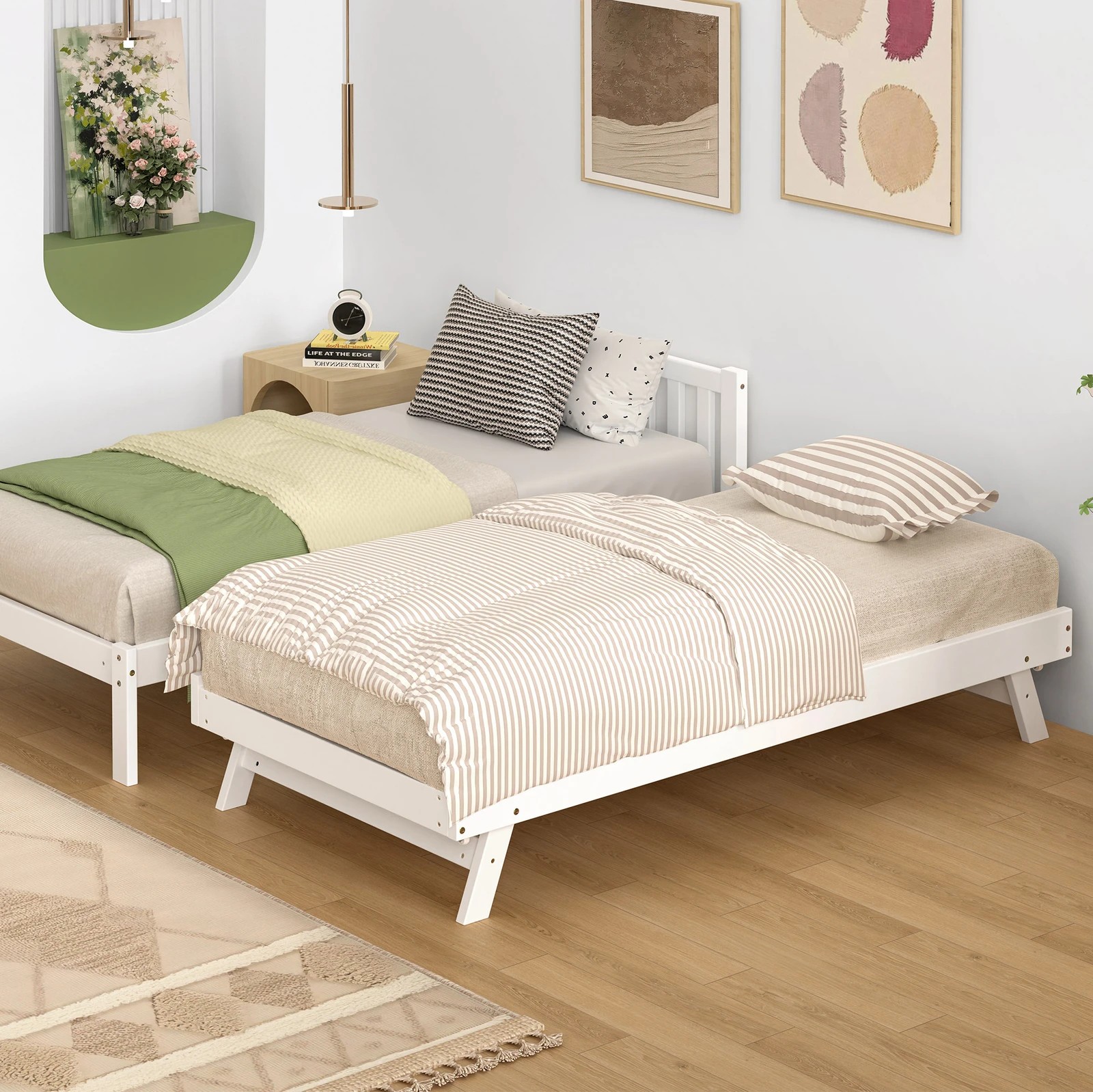 4 Alfordson Bed Frame 2x Single Size Trundle Wooden Mattress Base Timber - White, 4 of 10