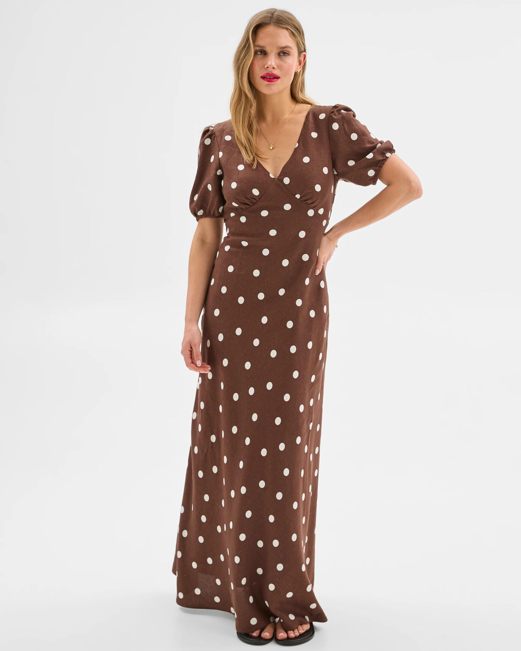 1 European Linen Blend Puff Sleeve Maxi Dress - Lily Loves ESPRESSO SPOT, 1 of 9