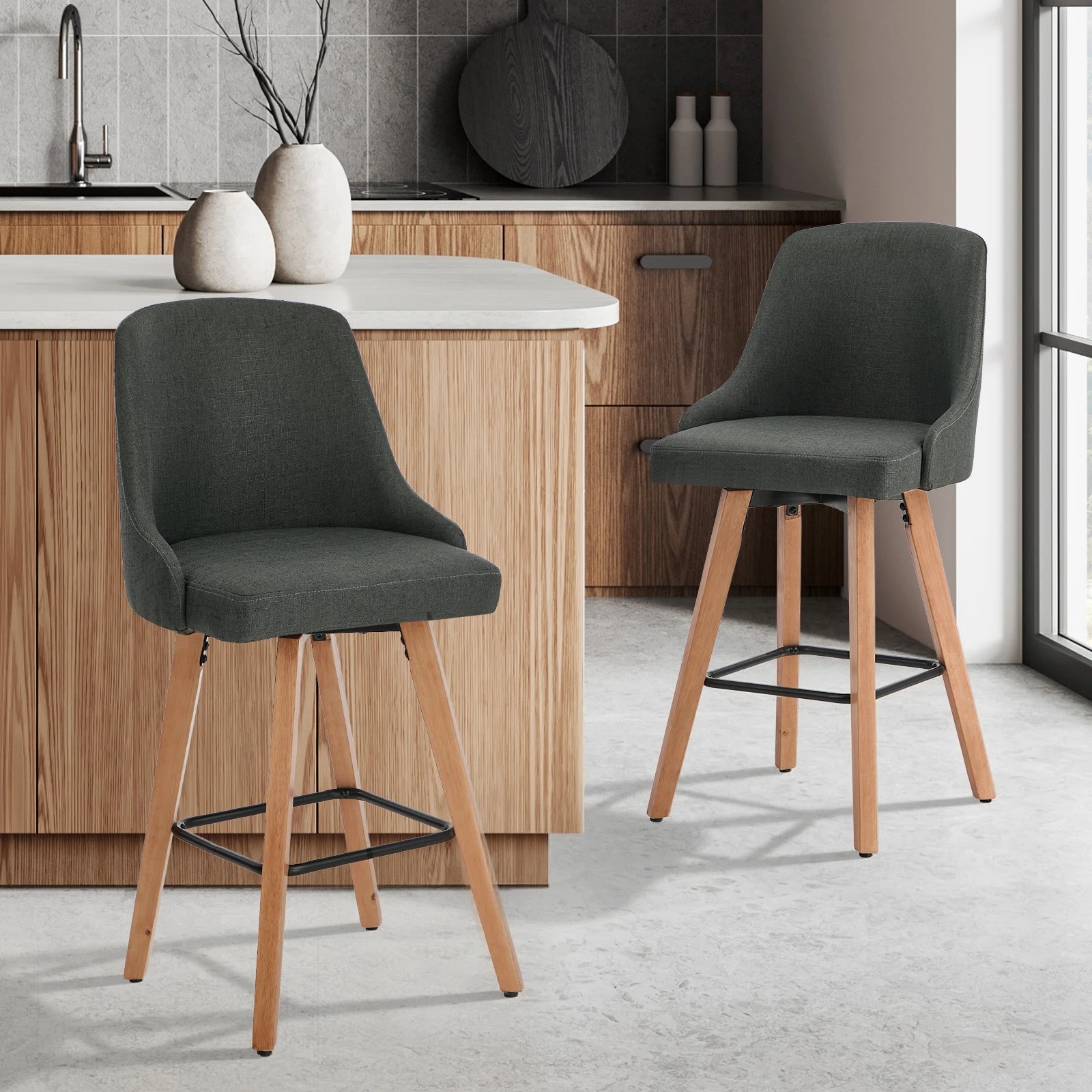 3 Oikiture 2x Bar Stools Swivel Wooden - Grey, 3 of 8