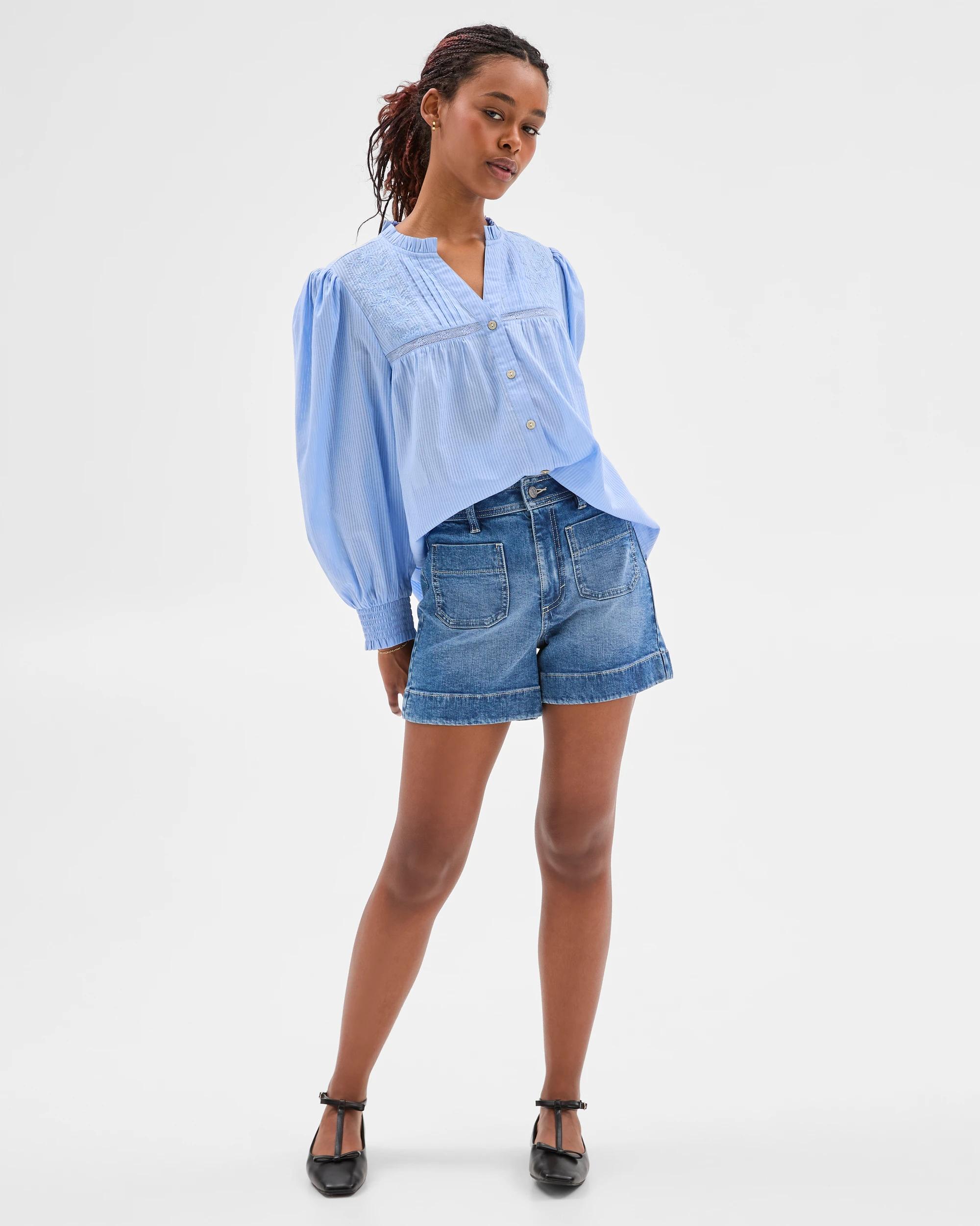 3 Target Petites Long Sleeve Broderie Blouse SUMMER BLUE STRIPE, 3 of 7