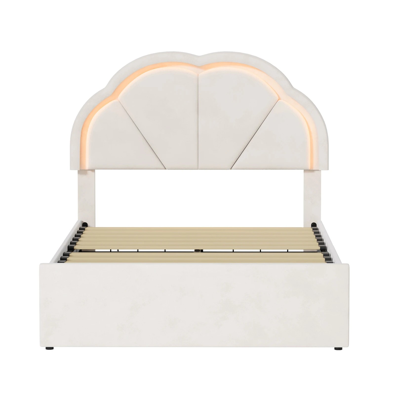 6 Oikiture King Single Size Bed Frame LED Shell Headboard with Drawers - Beige, 6 of 6