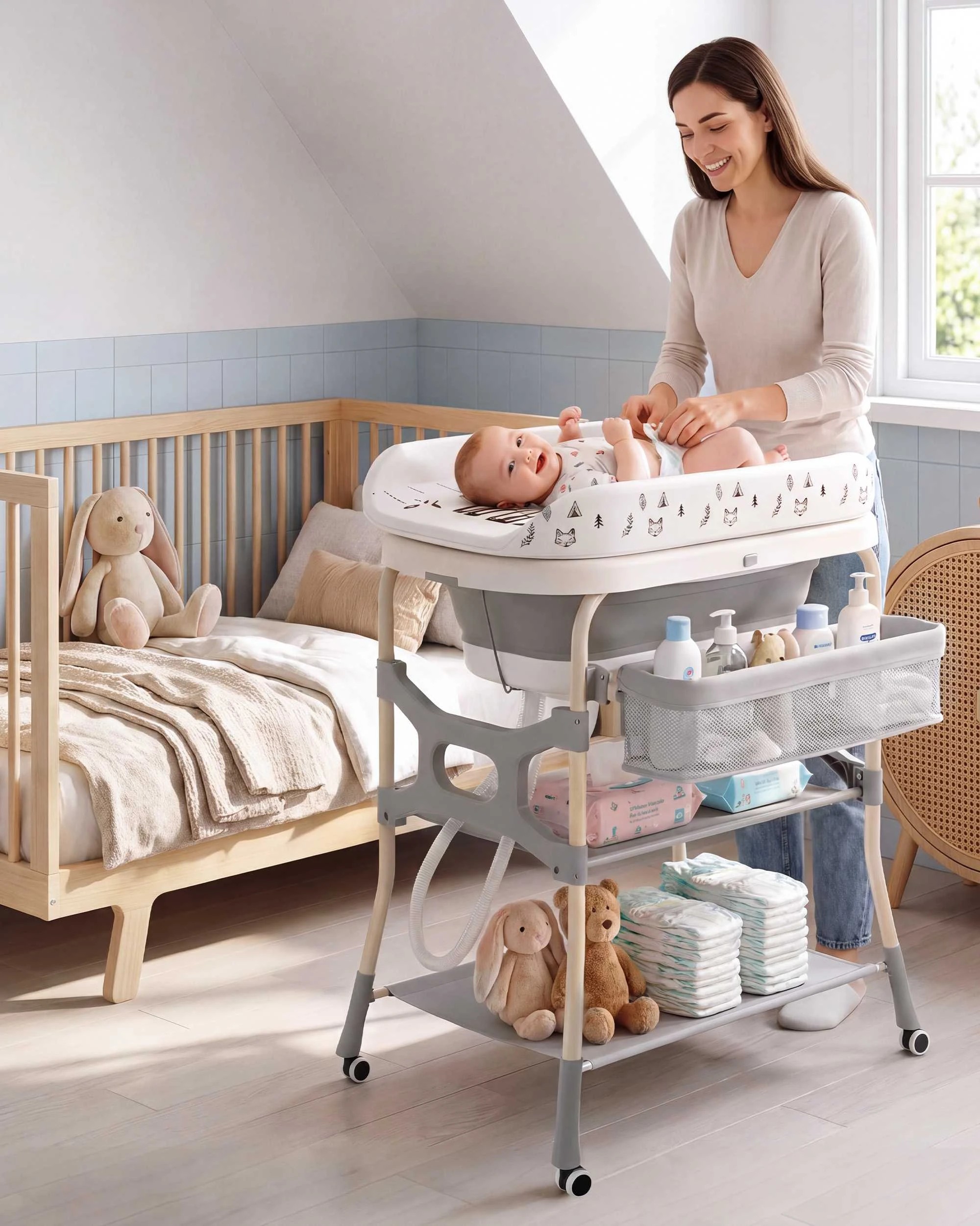2 PlayPals Foldable Baby Bathtub with Changing Table w/ Wheels Diaper Change, 2 of 10